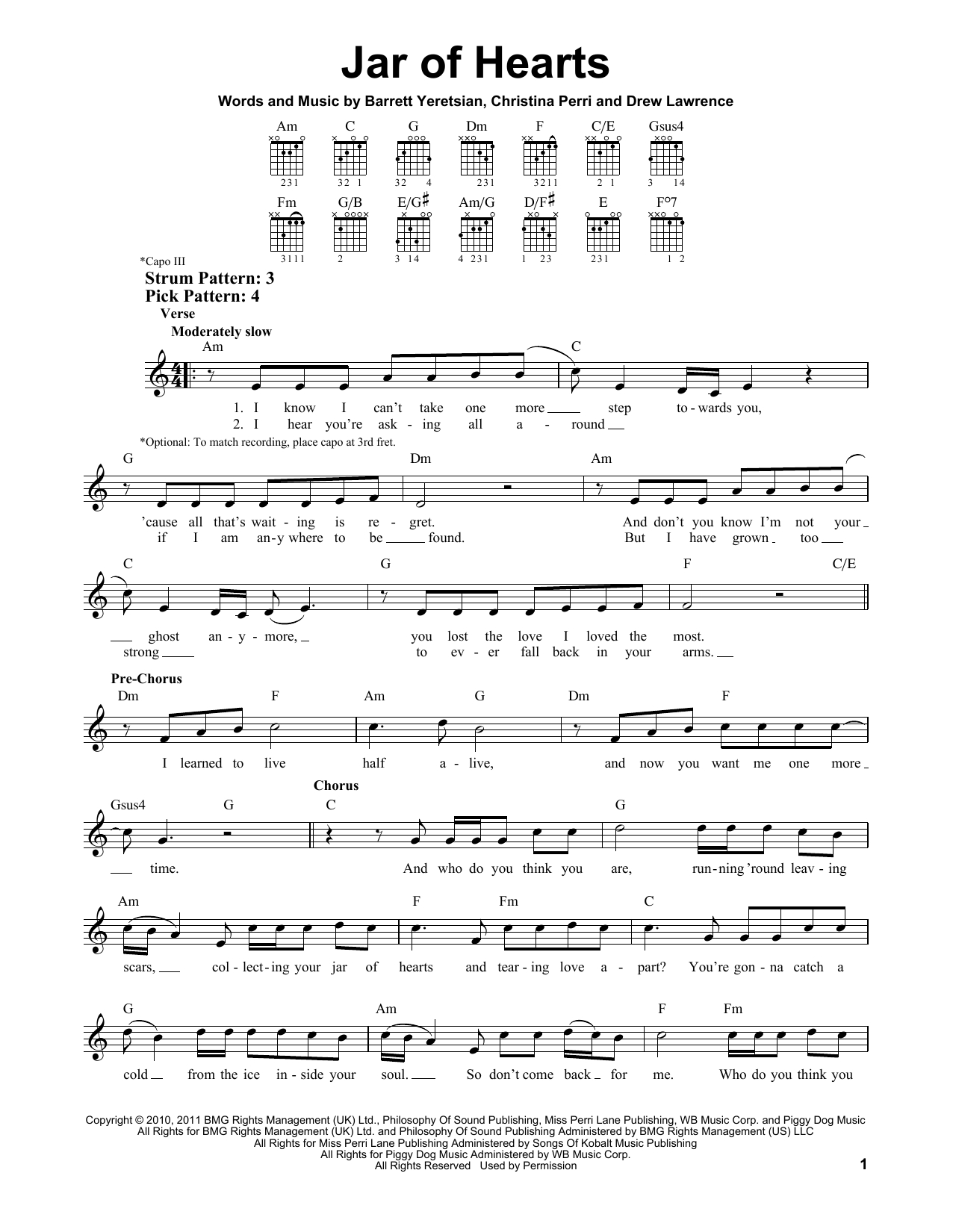 Jar Of Hearts Chords Sheet Music Digital Files To Print Licensed Christina Perri