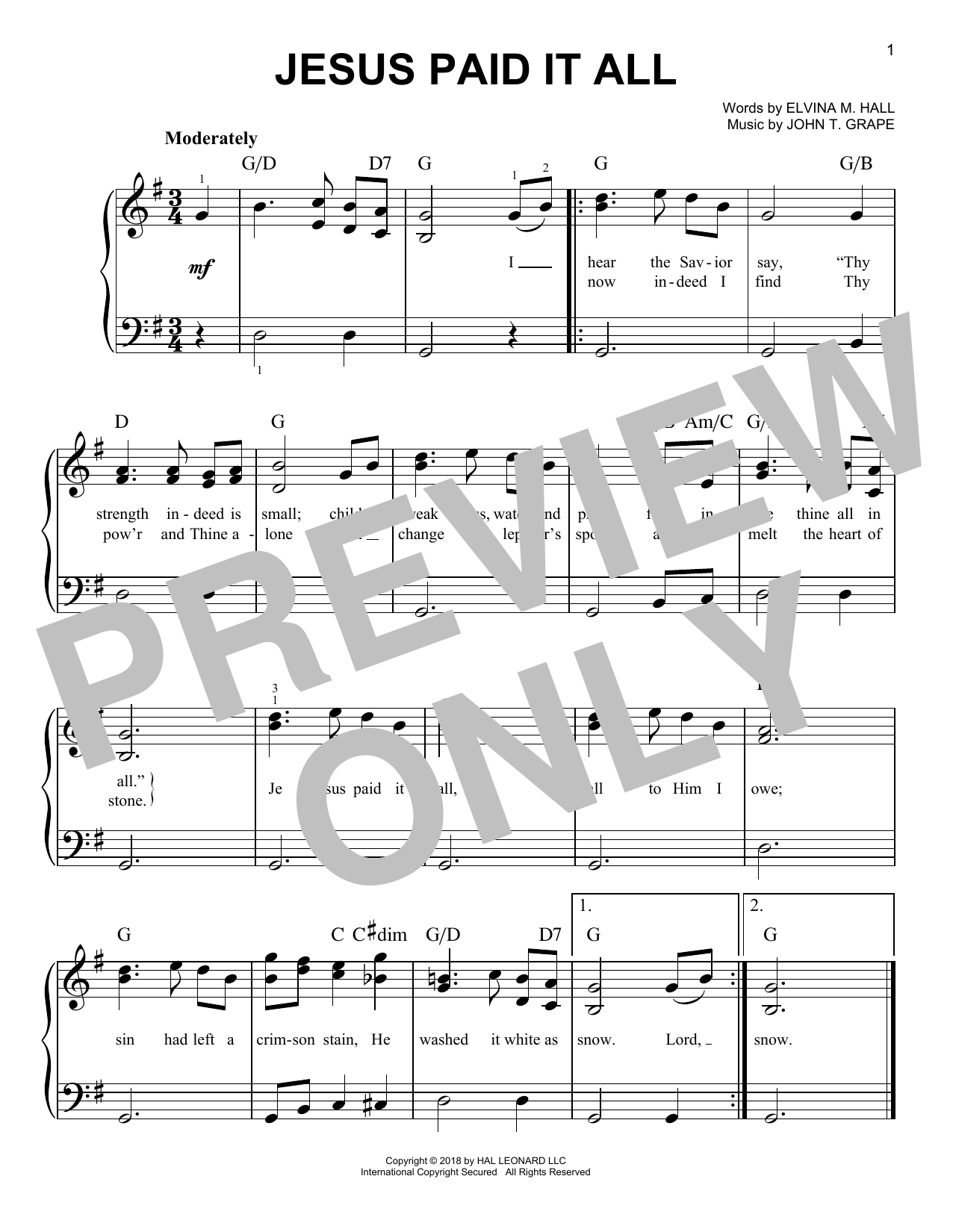 Jesus Paid It All Chords John T Grape Jesus Paid It All Sheet Music Notes Chords Download Printable Easy Piano Sku 254423