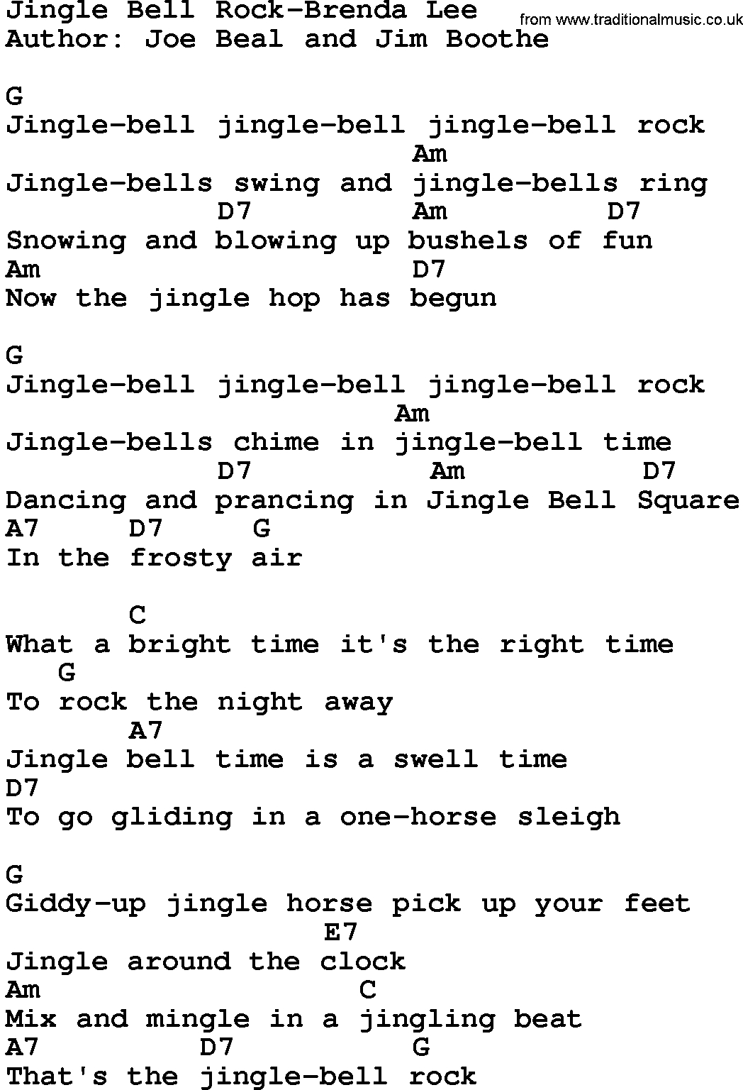 Jingle Bell Rock Chords Country Musicjingle Bell Rock Brenda Lee Lyrics And Chords