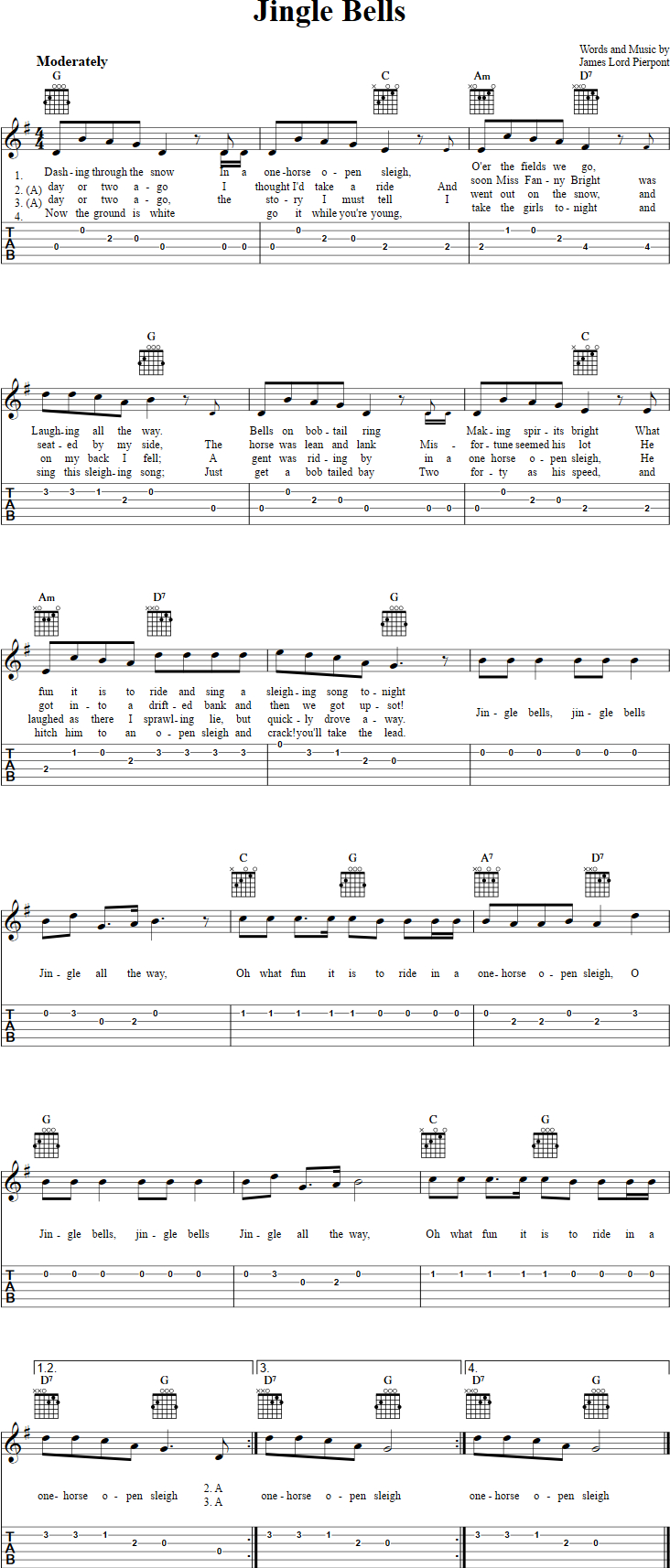 Jingle Bells Chords Jingle Bells Chords Sheet Music And Tab For Guitar With Lyrics