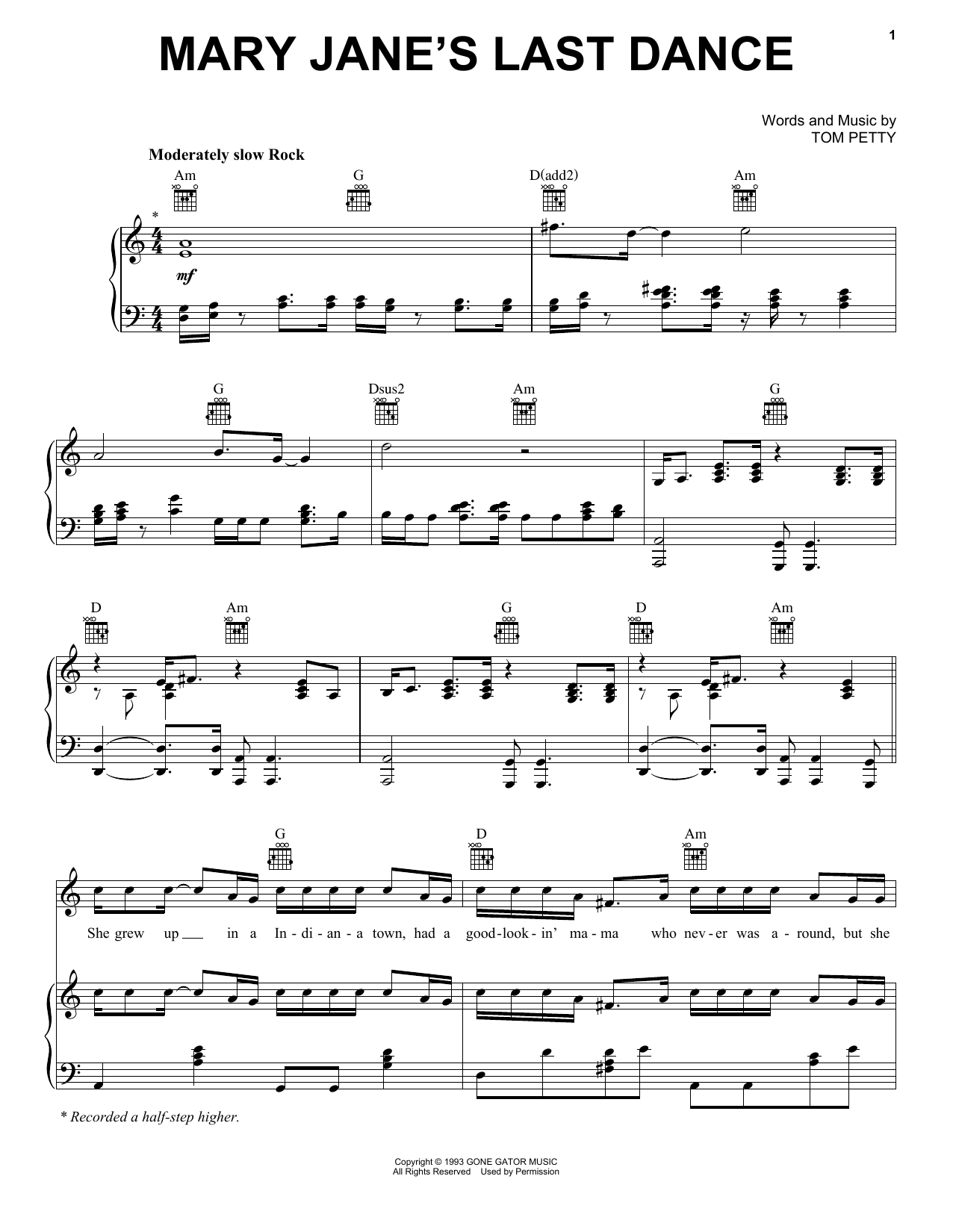Last Dance With Mary Jane Chords Tom Petty And The Heartbreakers Mary Janes Last Dance Sheet Music Notes Chords Download Printable Guitar Tab Single Guitar Sku 58845