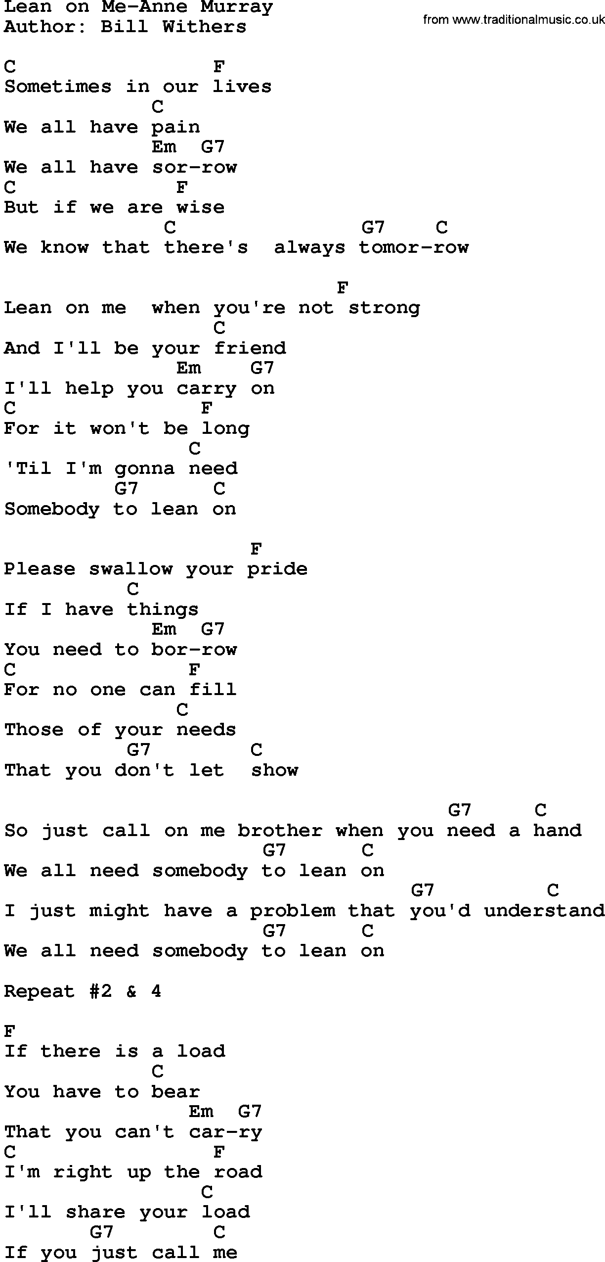 Lean On Me Chords Country Musiclean On Me Anne Murray Lyrics And Chords