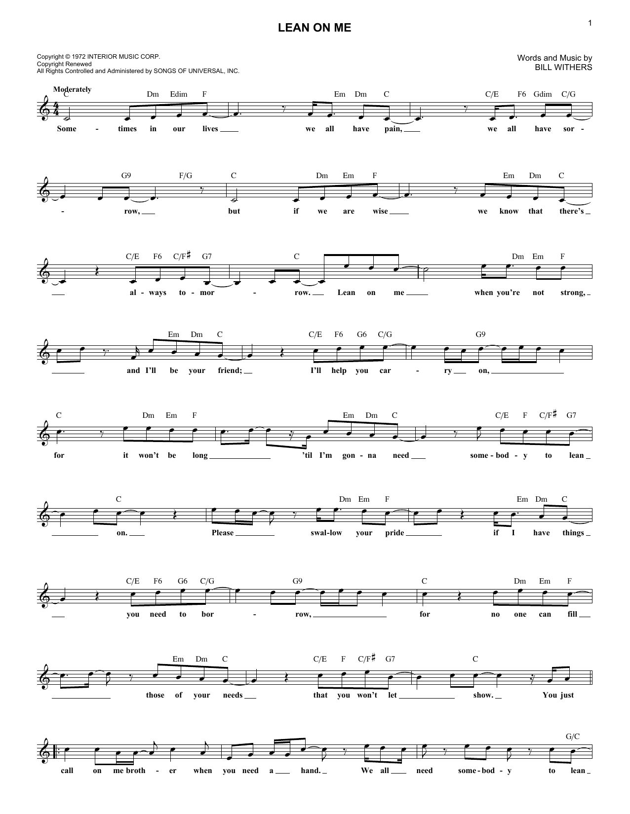 Lean On Me Chords Sheet Music Digital Files To Print Licensed Bill Withers Digital