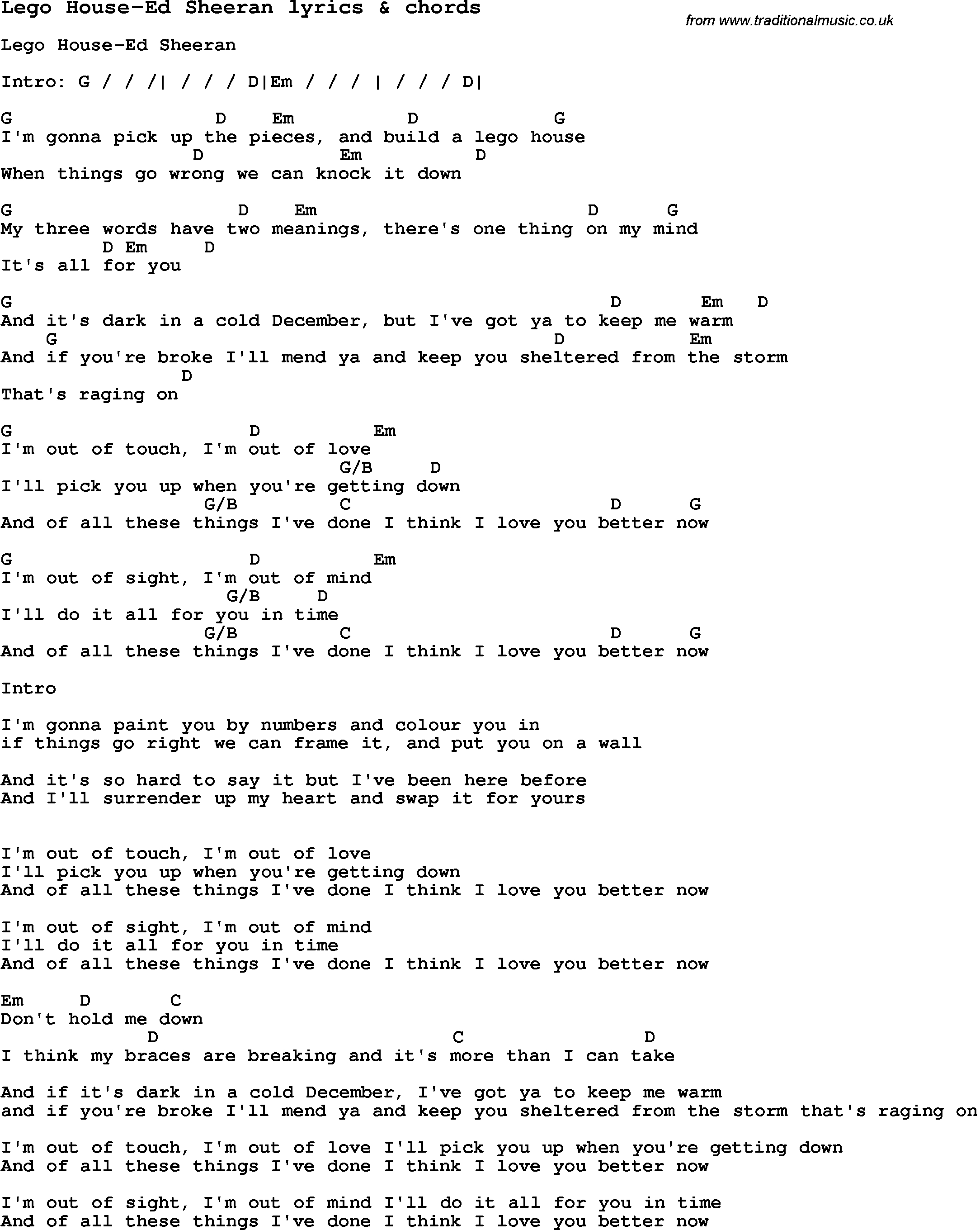 Lego House Chords Love Song Lyrics Forlego House Ed Sheeran With Chords