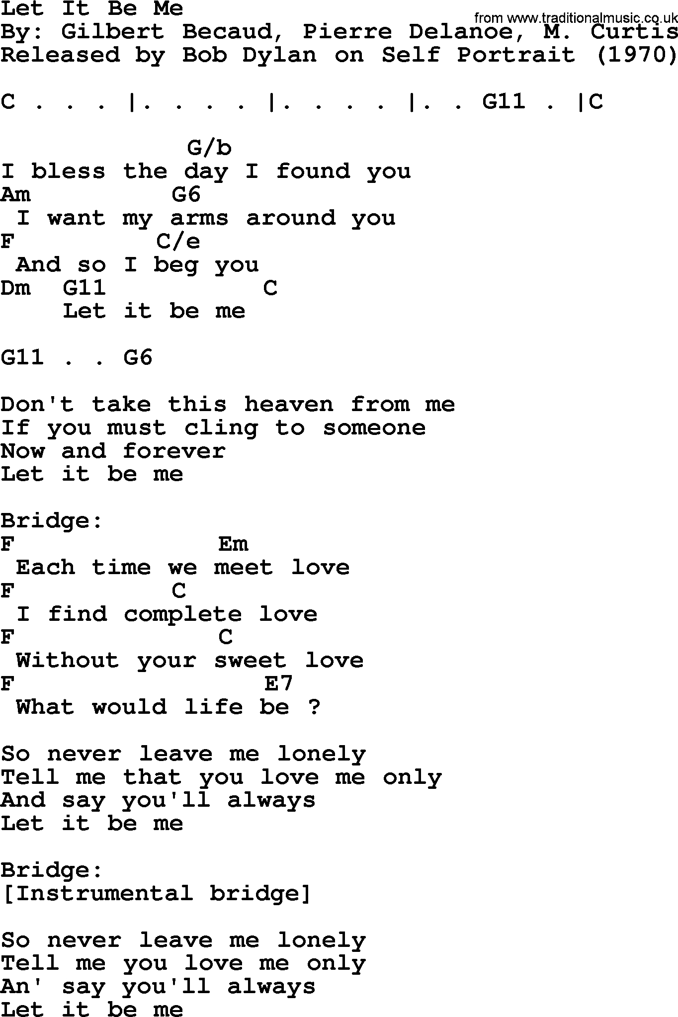 Let It Be Chords Bob Dylan Song Let It Be Me Lyrics And Chords