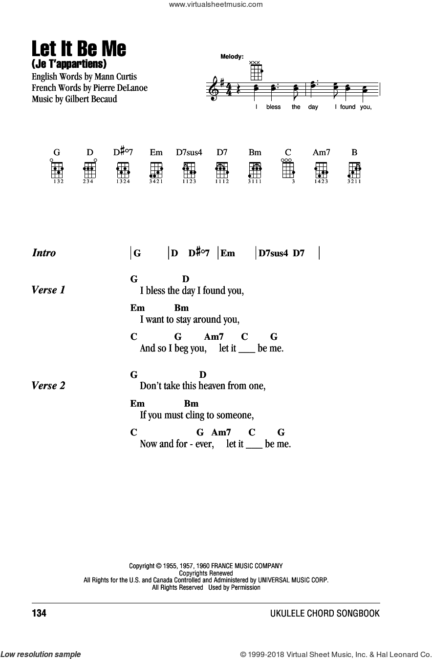 Let It Be Chords Brothers Let It Be Me Je Tappartiens Sheet Music For Ukulele Chords