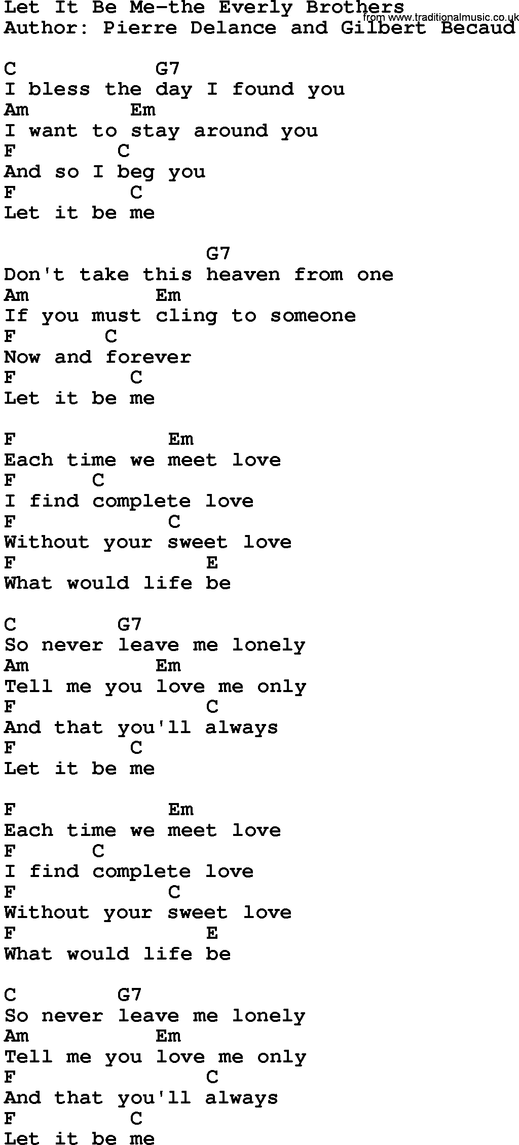 Let It Be Chords Country Musiclet It Be Me The Everly Brothers Lyrics And Chords