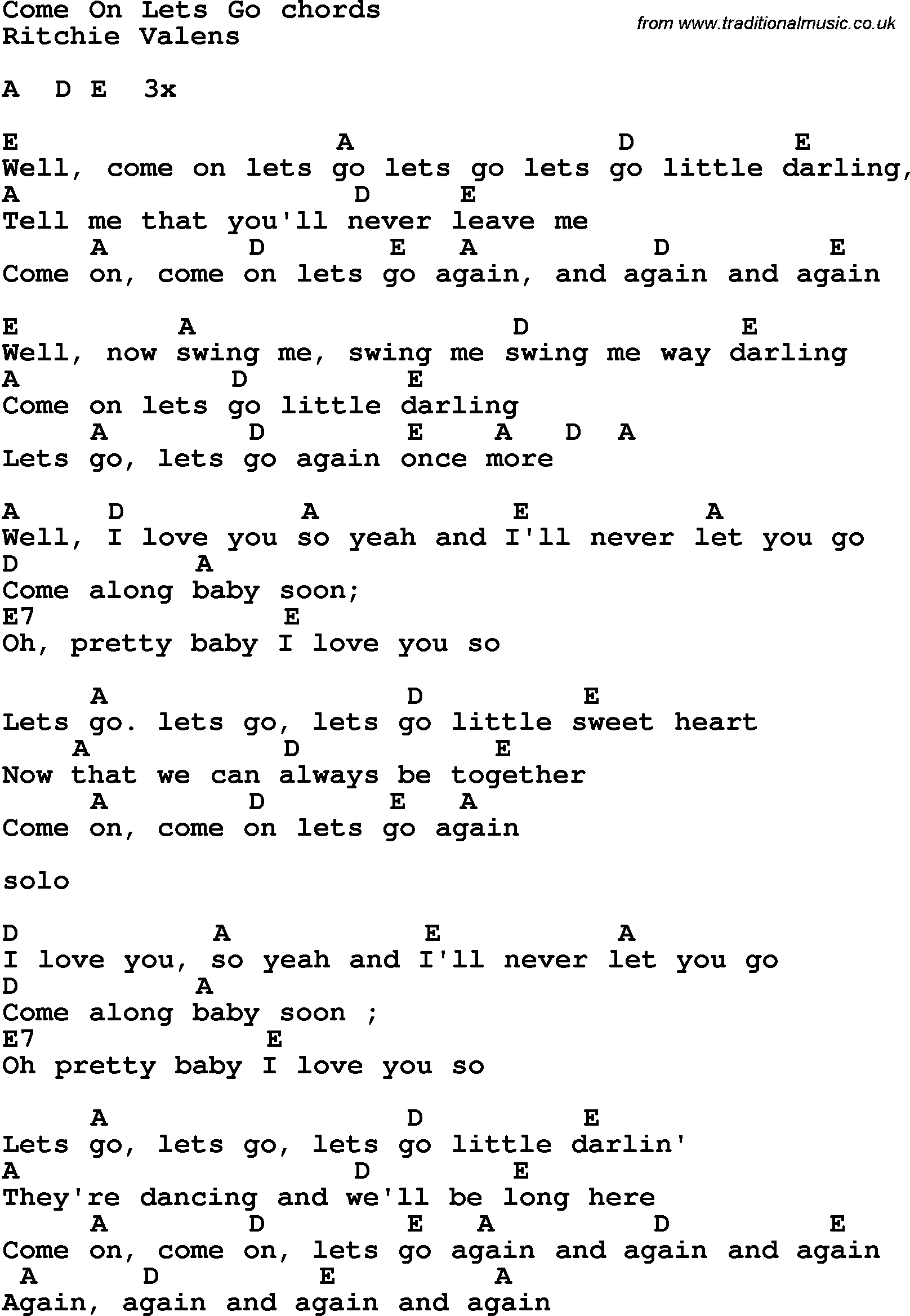 Let It Go Chords Song Lyrics With Guitar Chords For Come On Lets Go