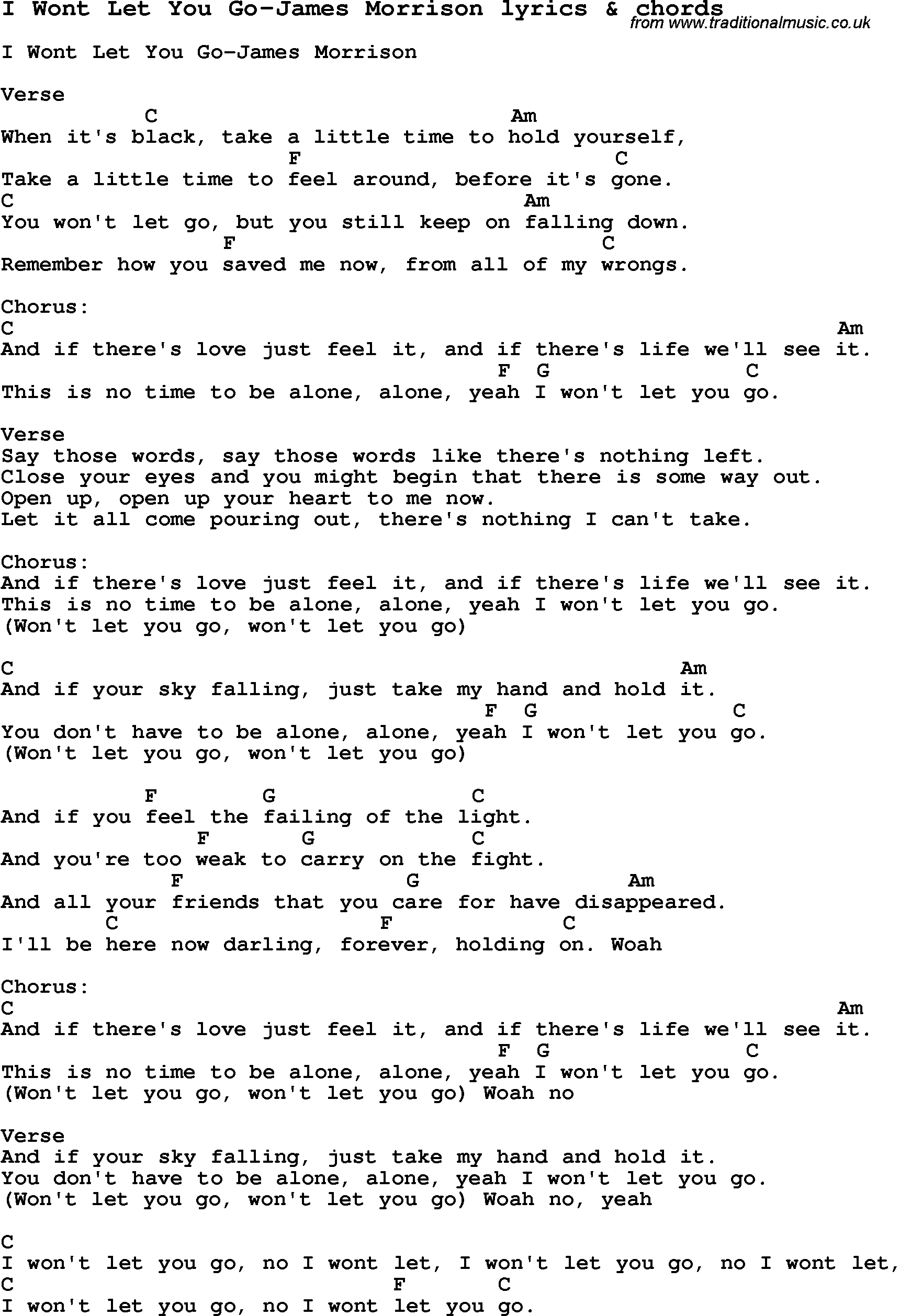 Let It Go James Bay Chords Love Song Lyrics Fori Wont Let You Go James Morrison With Chords