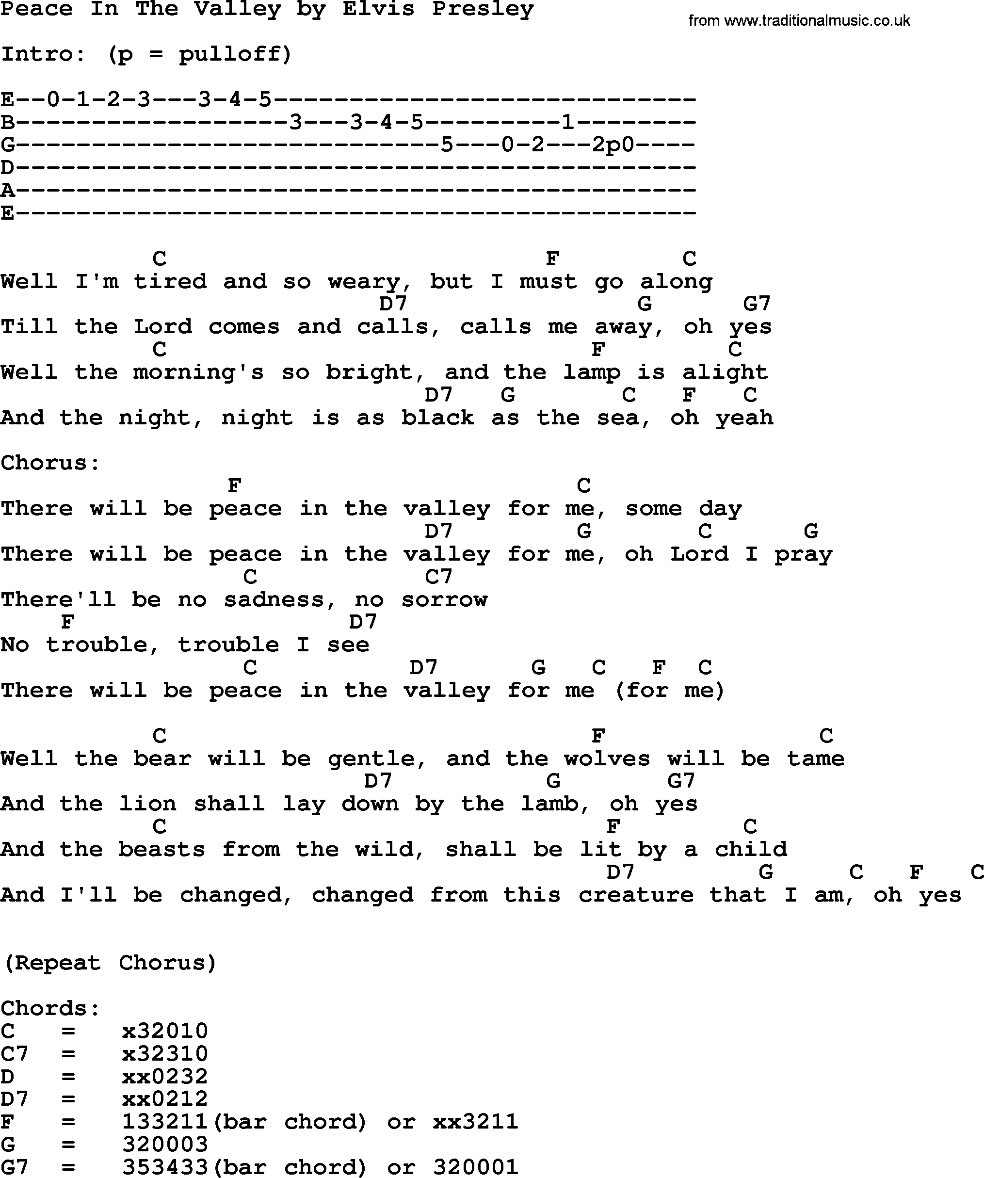 Lion And The Lamb Chords Peace In The Valley Elvis Presley Lyrics And Chords