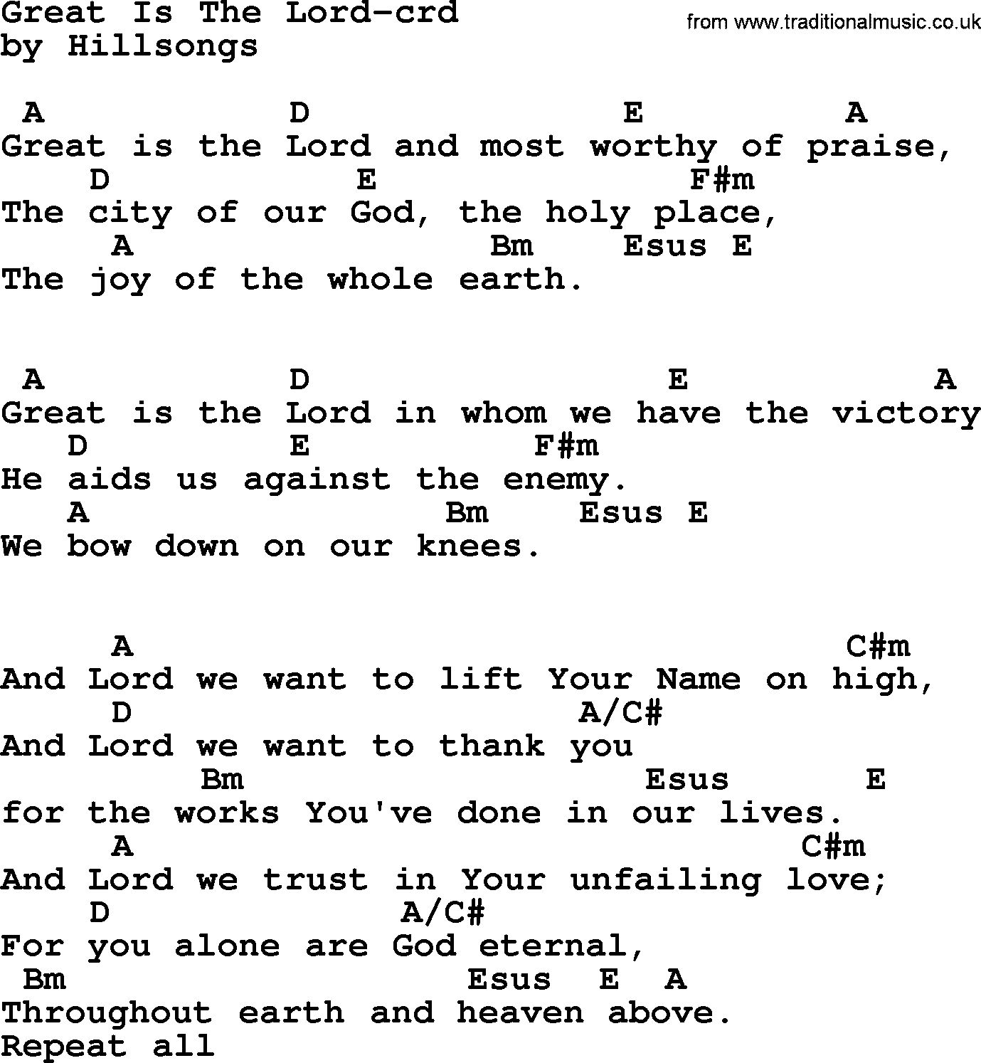 Lord I Lift Your Name On High Chords Top 500 Hymn Great Is The Lord Lyrics Chords And Pdf