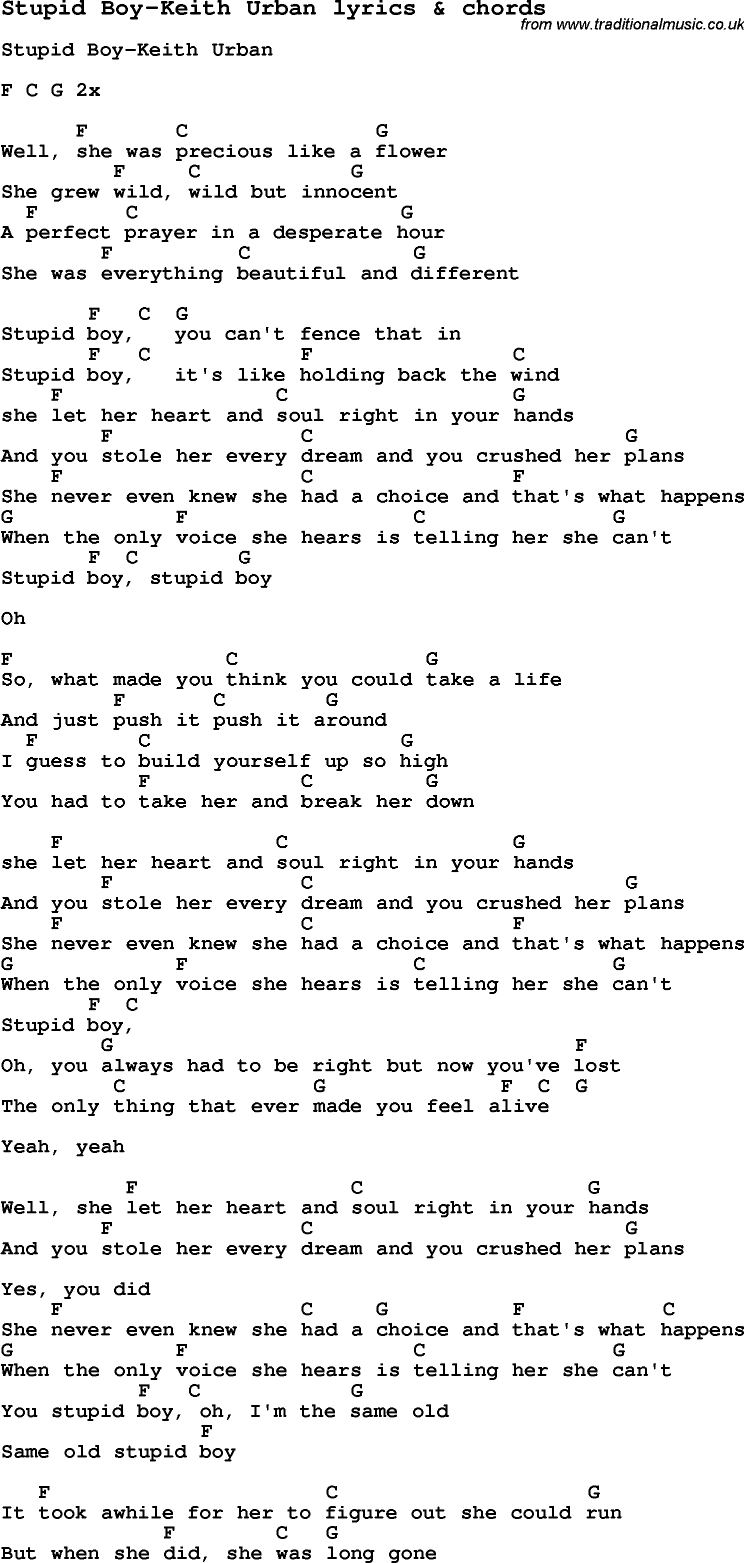 Lost Boy Chords Love Song Lyrics Forstupid Boy Keith Urban With Chords