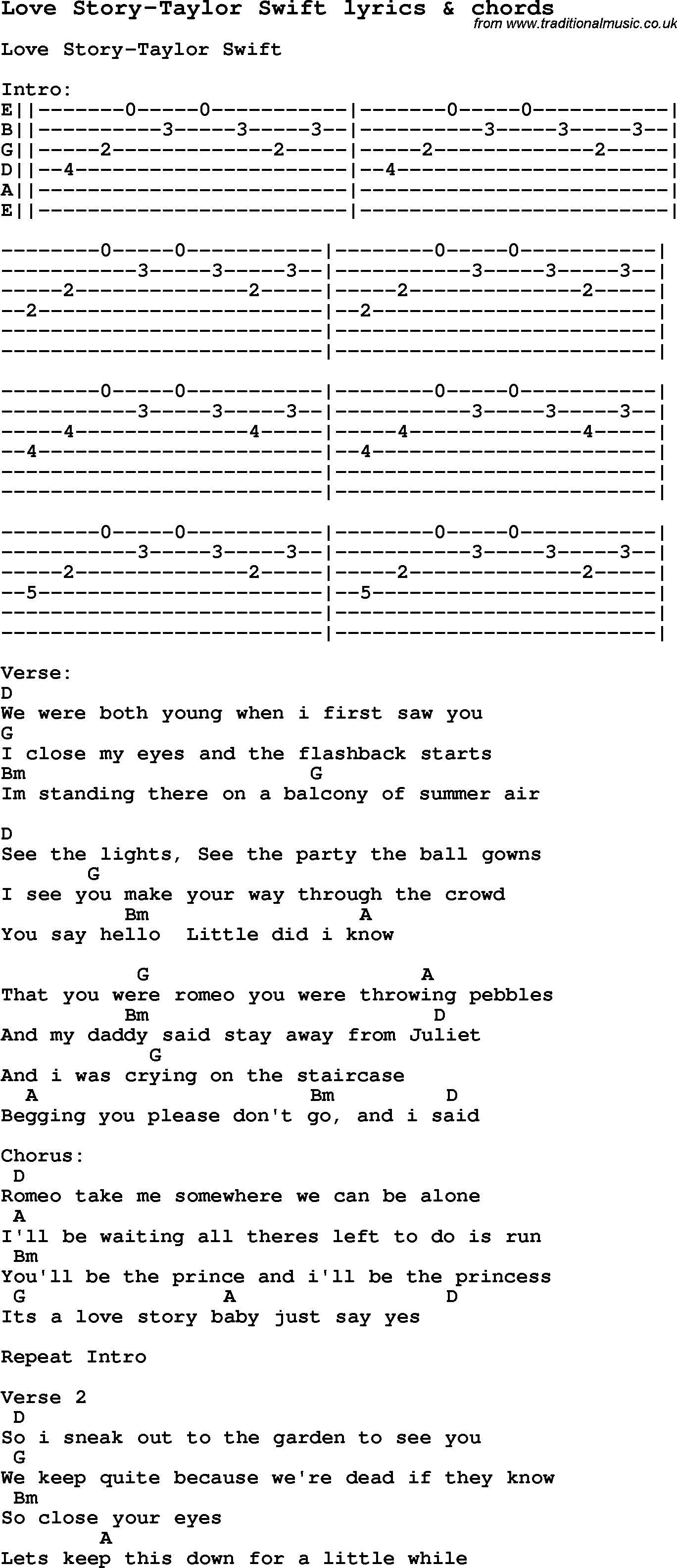 Love Story Chords Love Song Lyrics Forlove Story Taylor Swift With Chords