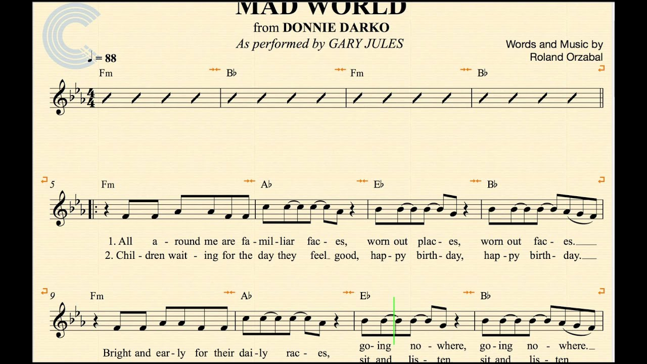 Mad World Chords Flute Mad World Gary Jules Donnie Darko Sheet Music Chords Vocals