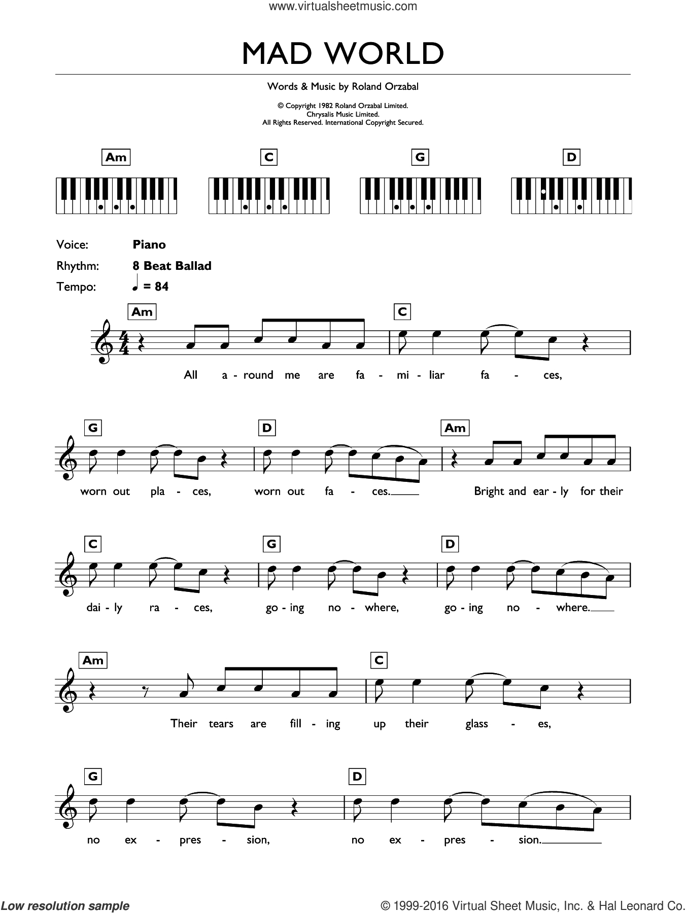 Mad World Chords Jules Mad World From Donnie Darko Intermediate Sheet Music For Piano Solo Chords Lyrics Melody