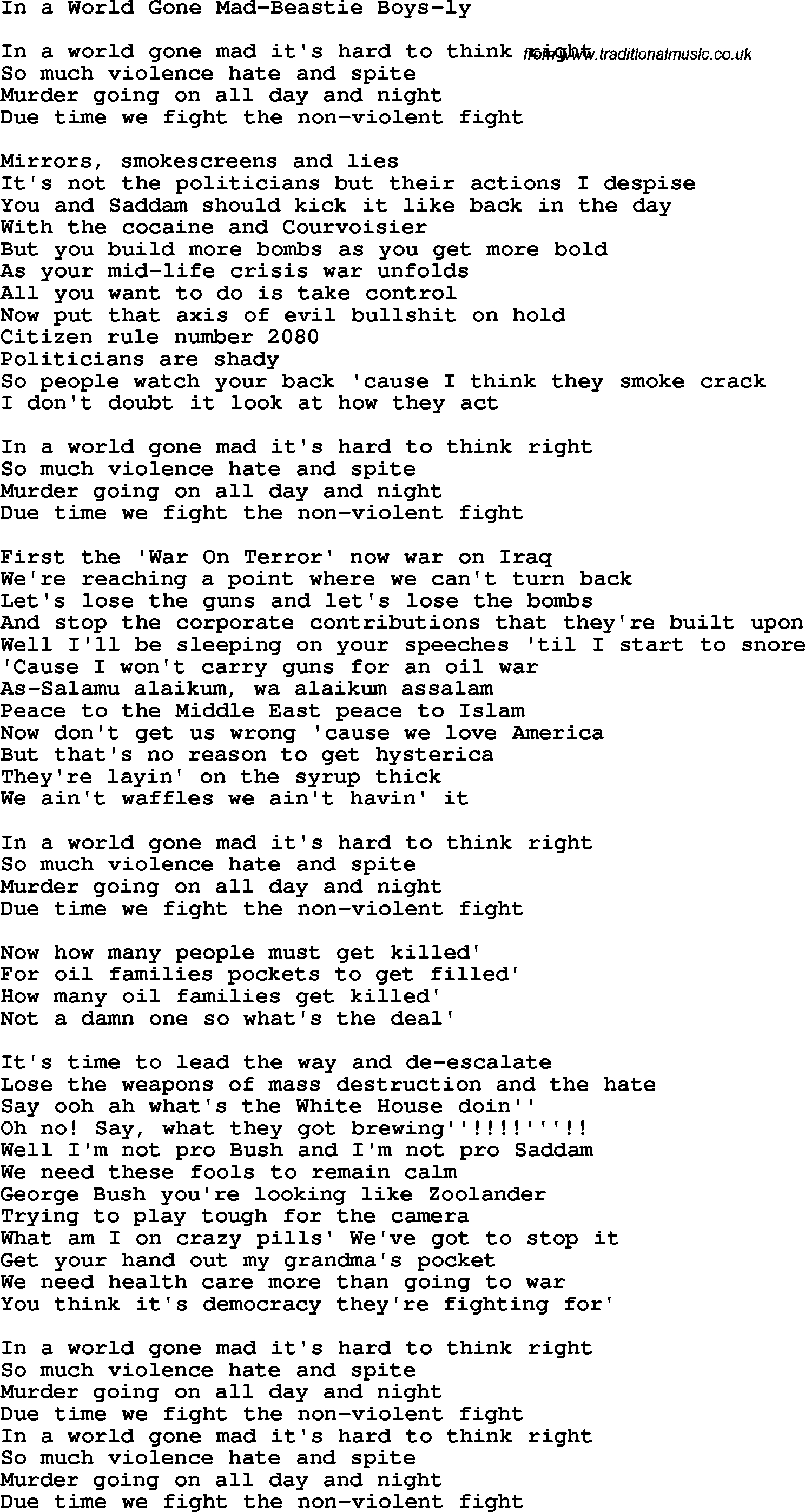 Mad World Chords Protest Song In A World Gone Mad Beastie Boys Lyrics And Chords