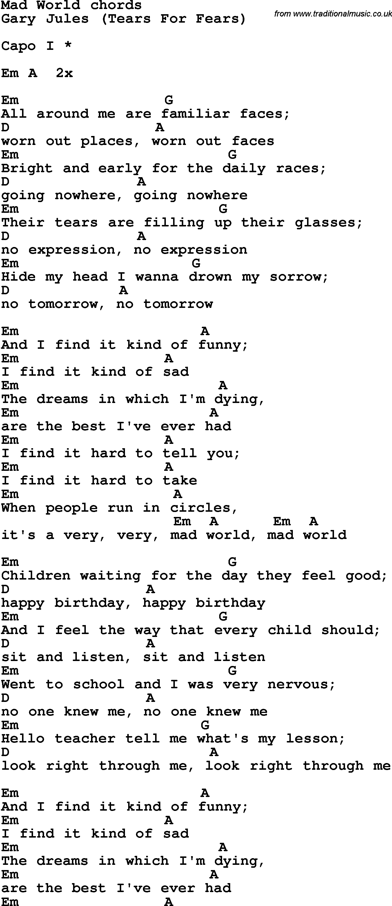 Mad World Chords Song Lyrics With Guitar Chords For Mad World