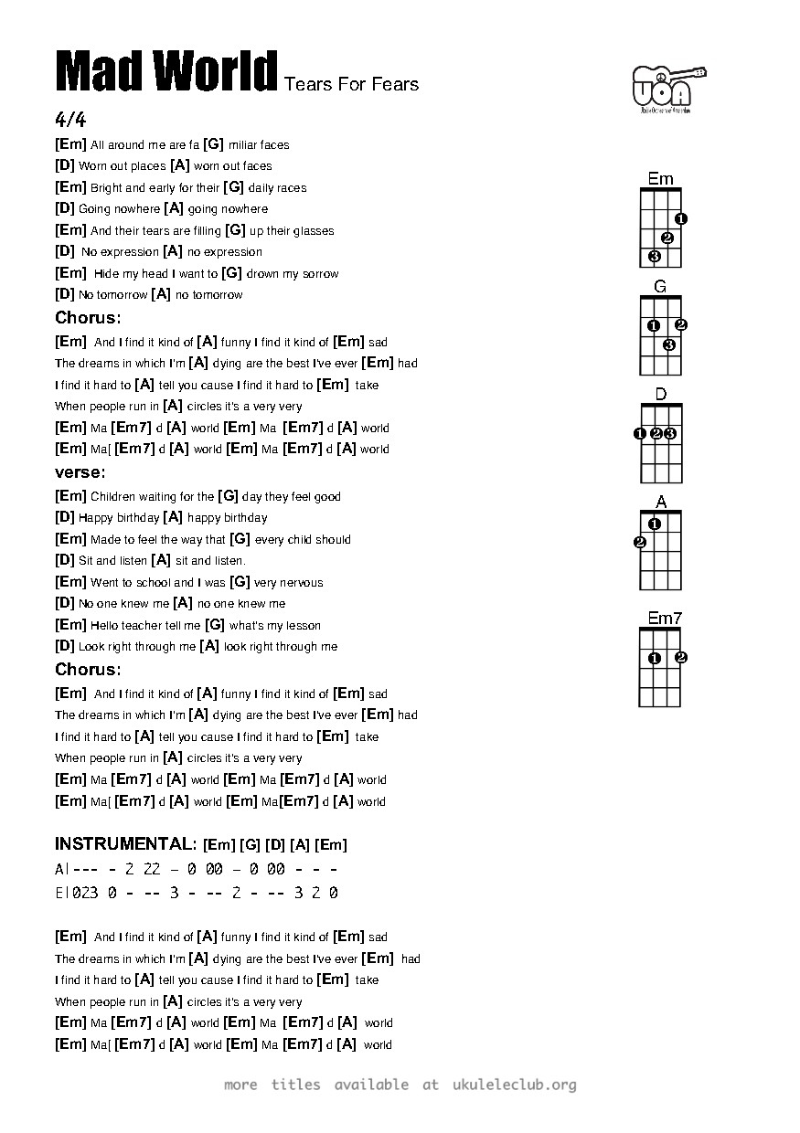 Mad World Chords Ukulele Chords Mad World Tears For Fears