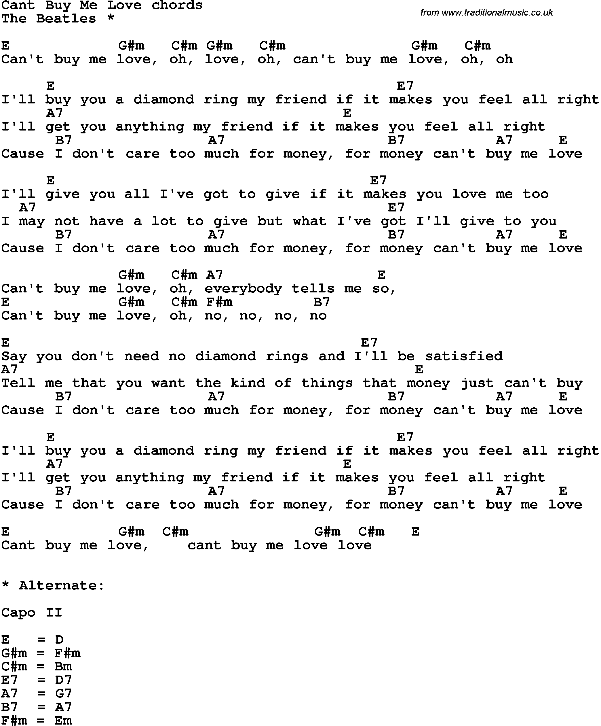 Make You Feel My Love Chords Song Lyrics With Guitar Chords For Cant Buy Me Love The Beatles