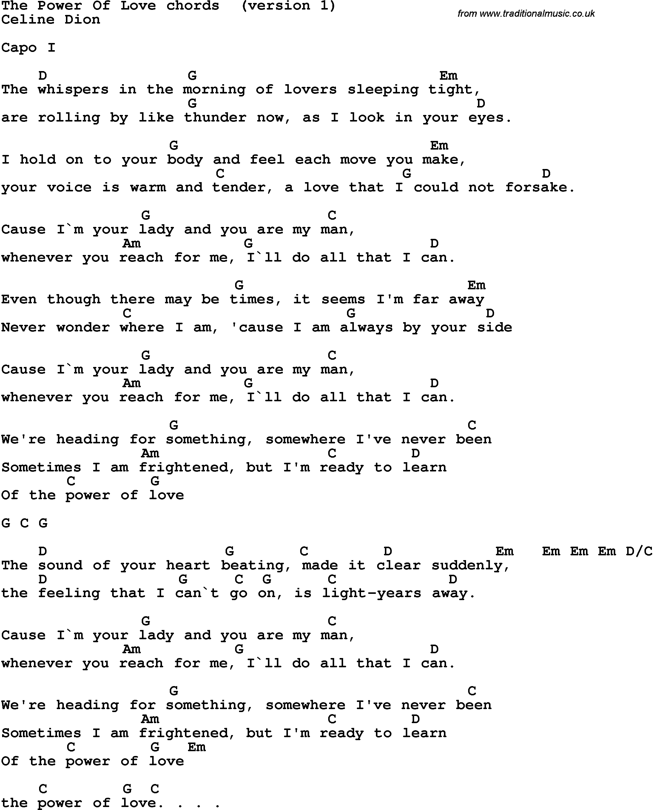 Make You Feel My Love Chords Song Lyrics With Guitar Chords For The Power Of Love Celine Dion