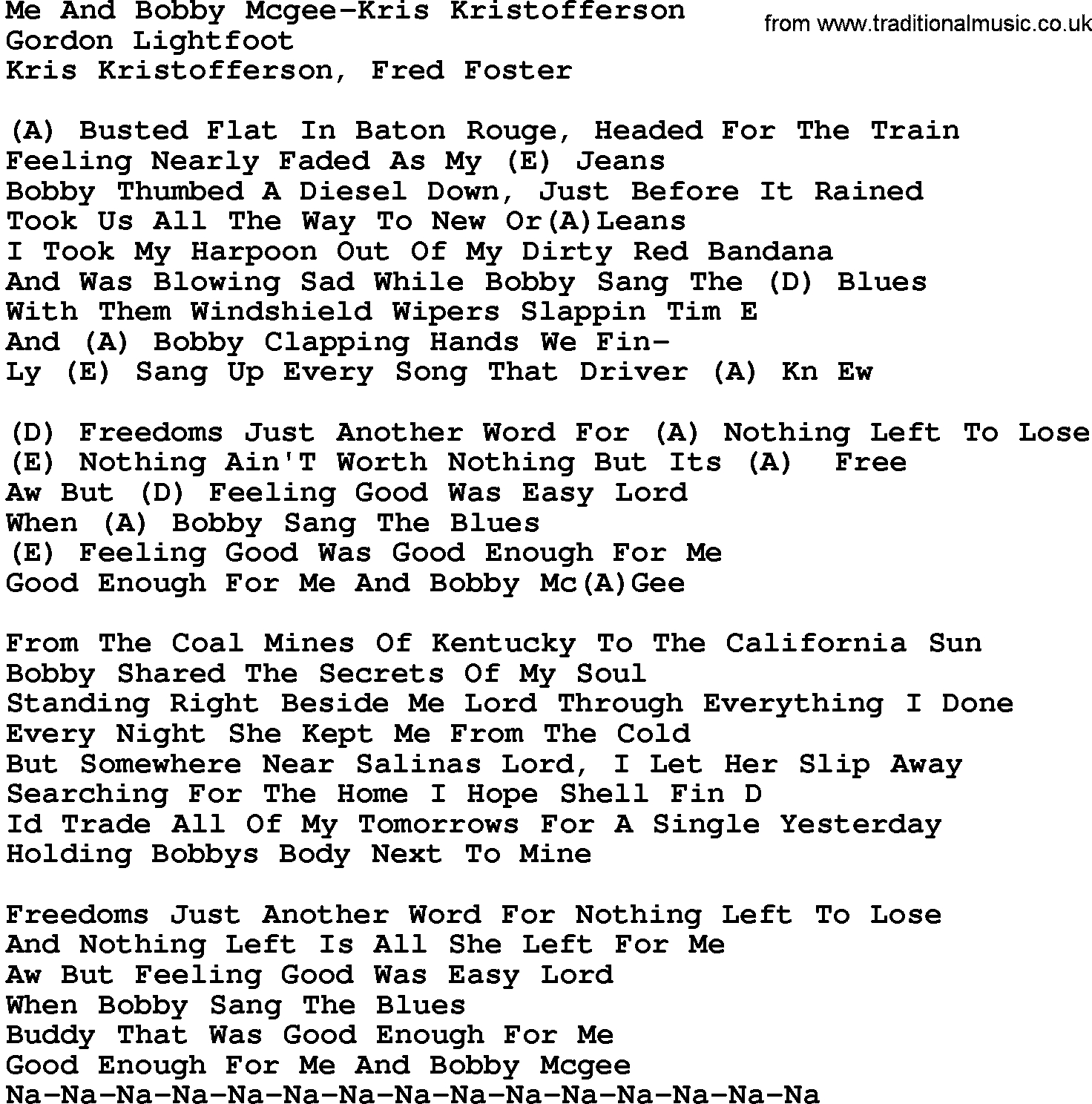 Me And Bobby Mcgee Chords Country Musicme And Bob Mcgee Kris Kristofferson Lyrics And Chords