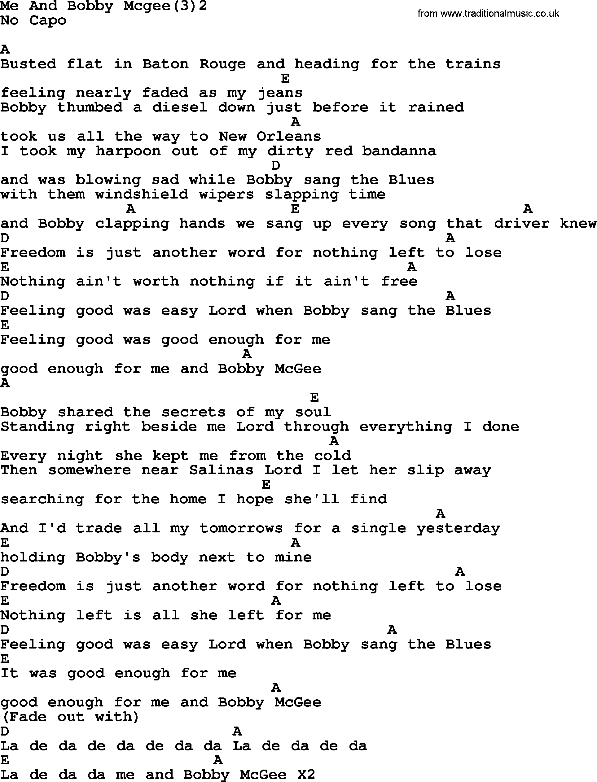 Me And Bobby Mcgee Chords Kris Kristofferson Song Me And Bob Mcgee32 Lyrics And Chords