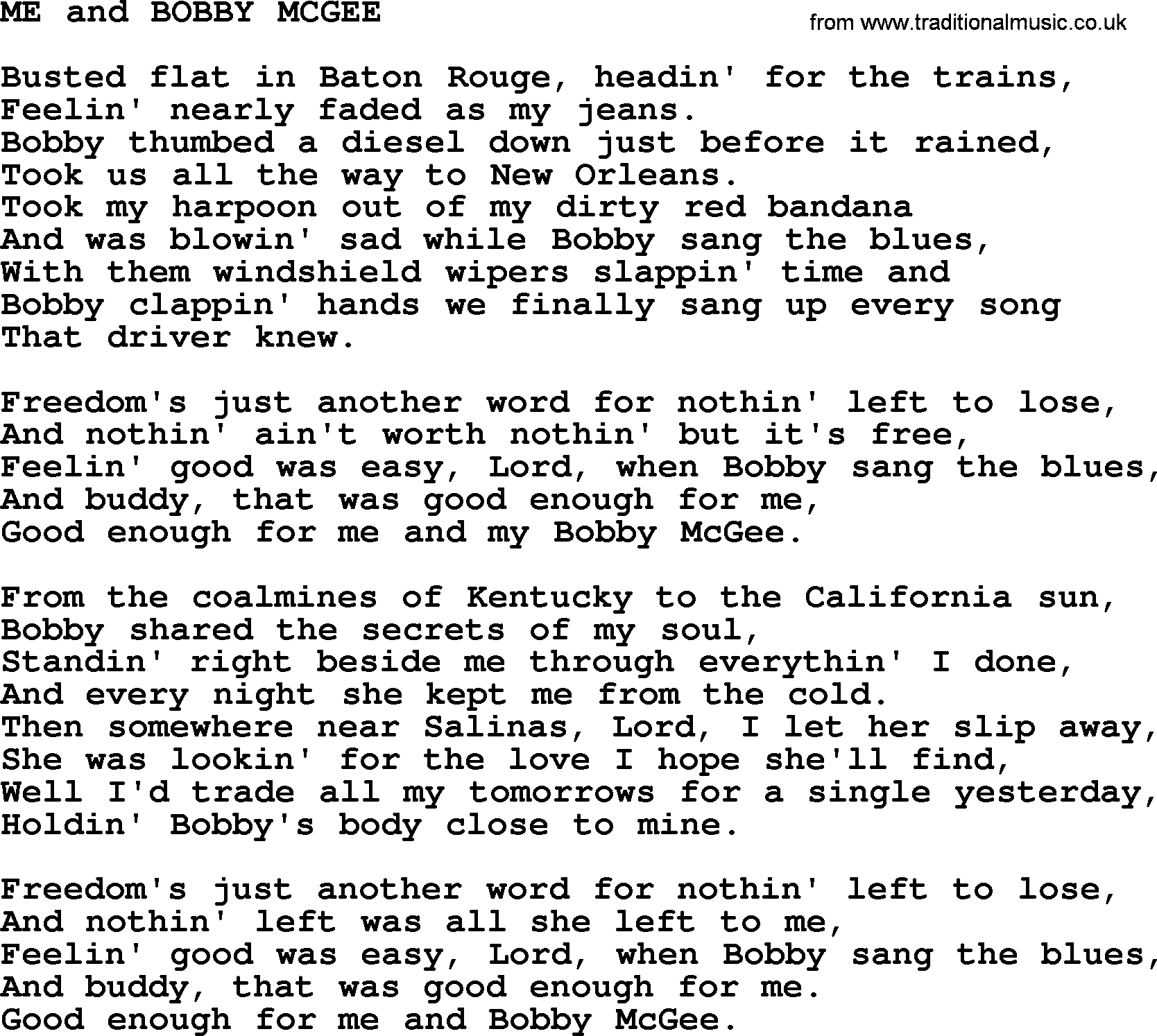 Me And Bobby Mcgee Chords Kris Kristofferson Song Me And Bob Mcgeetxt Lyrics And Chords