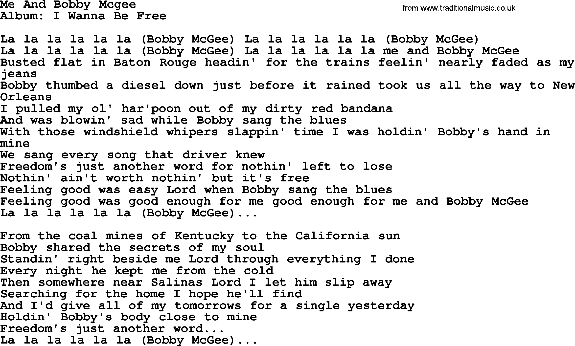 Me And Bobby Mcgee Chords Loretta Lynn Song Me And Bob Mcgee Lyrics