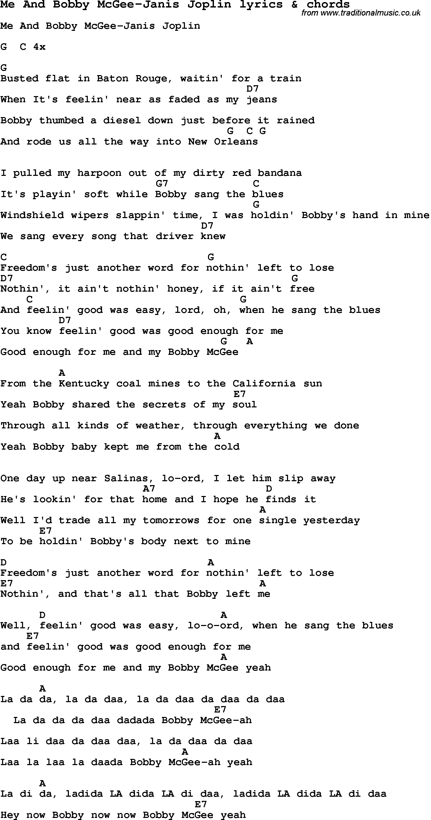 Me And Bobby Mcgee Chords Love Song Lyrics Forme And Bob Mcgee Janis Joplin With Chords