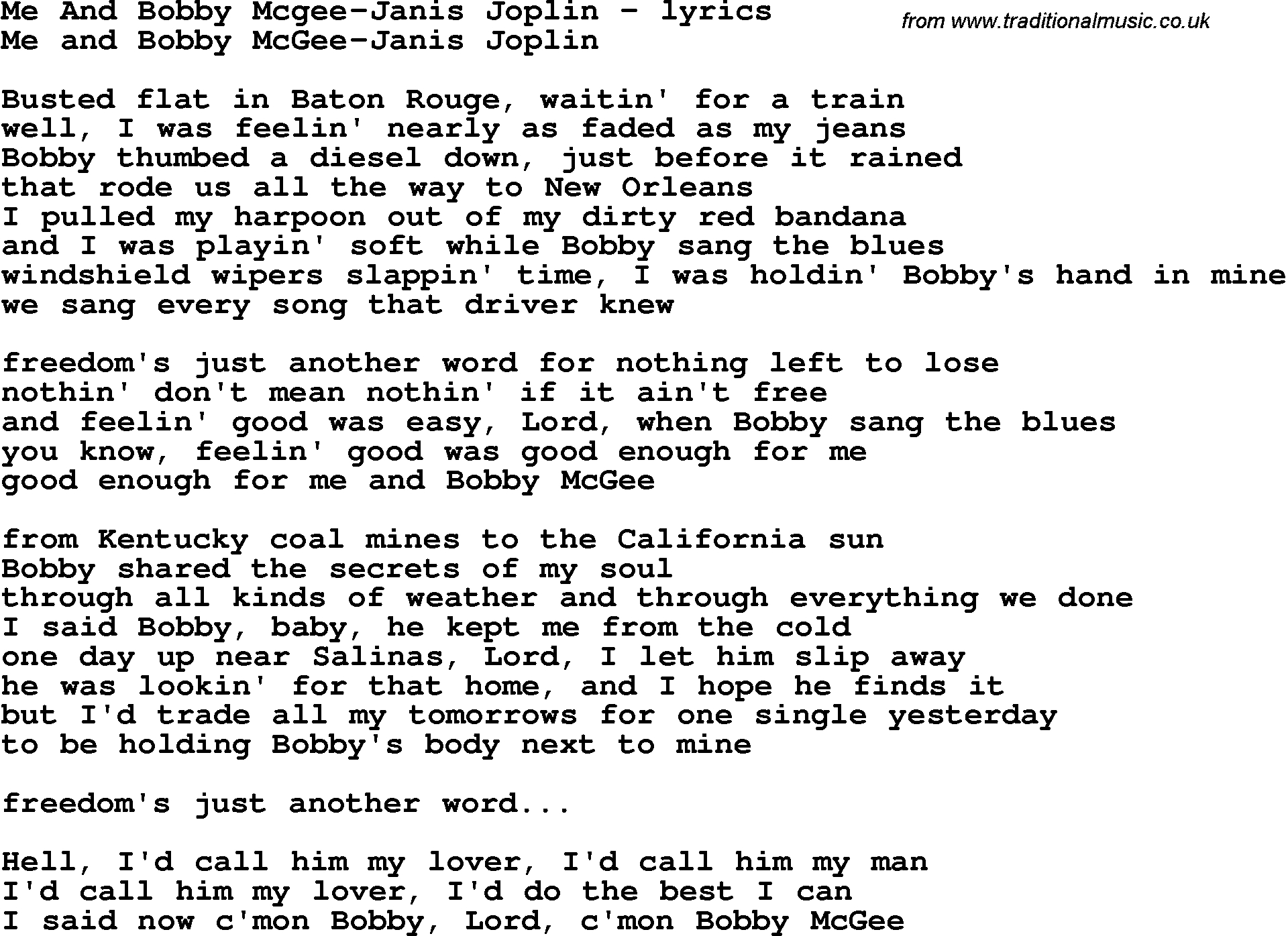 Me And Bobby Mcgee Chords Love Song Lyrics Forme And Bob Mcgee Janis Joplin