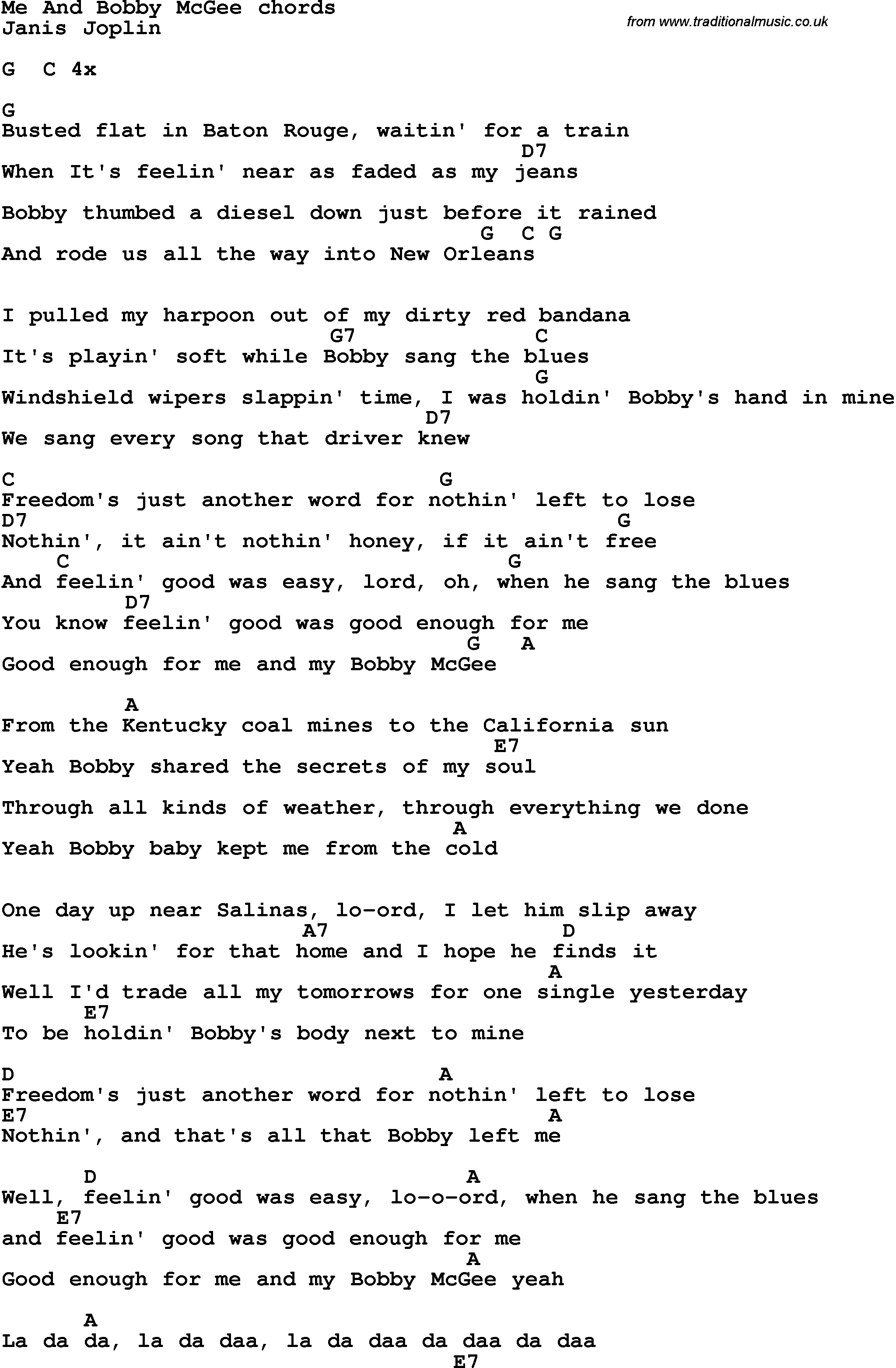 Me And Bobby Mcgee Chords Song Lyrics With Guitar Chords For Me And Bob Mcgee