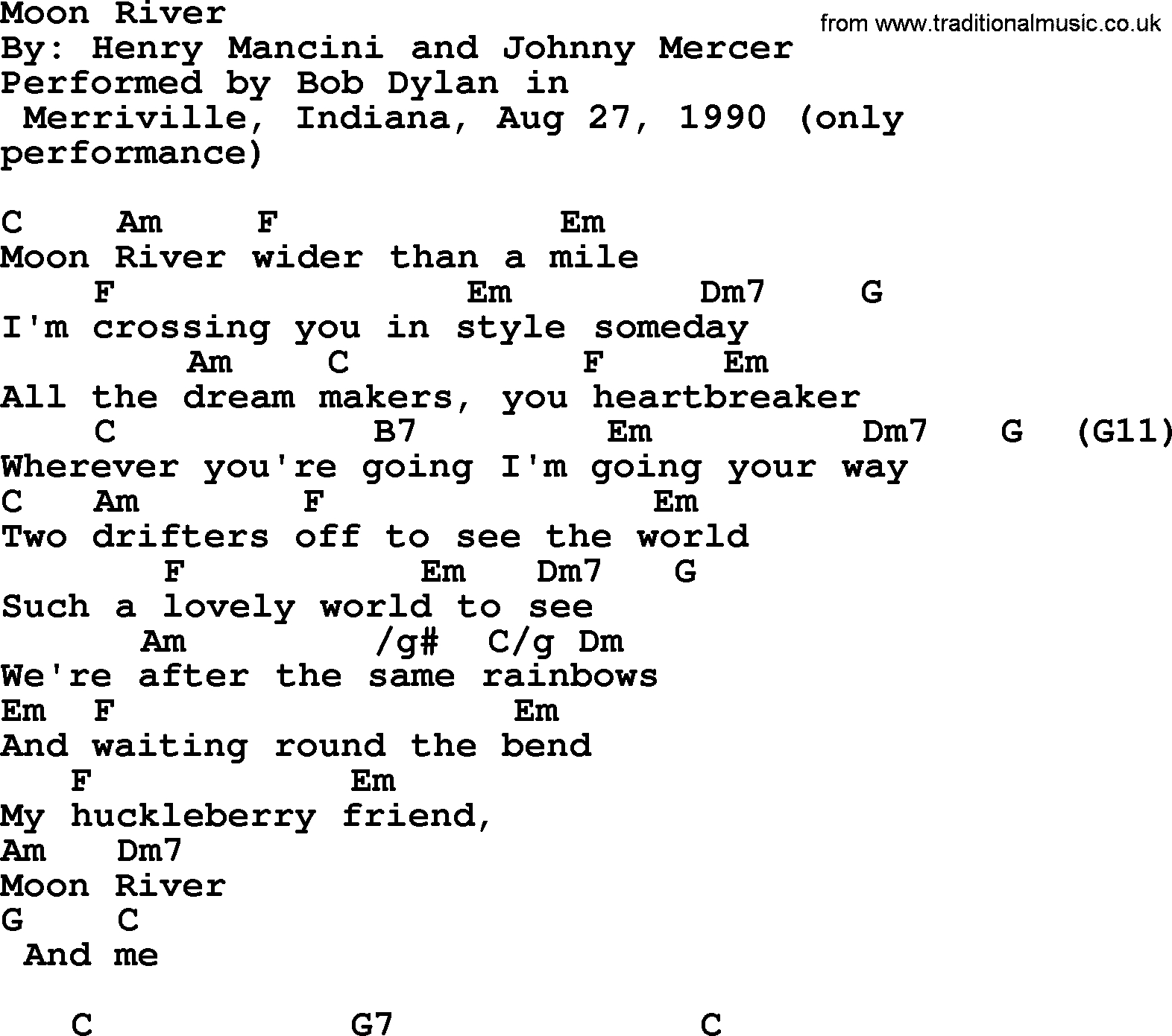 Moon River Chords Bob Dylan Song Moon River Lyrics And Chords