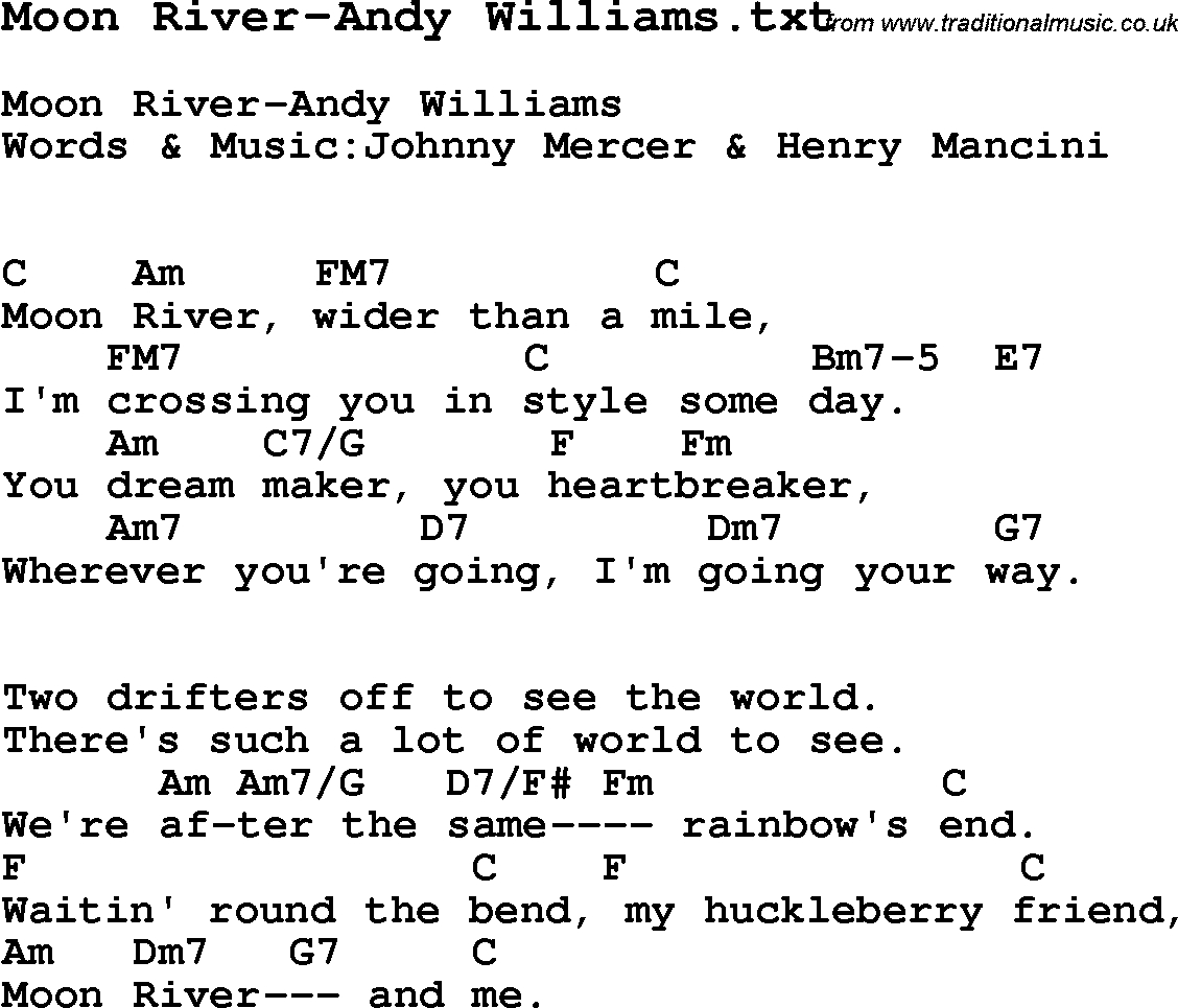 Moon River Chords Jazz Song Moon River Andy Williams With Chords Tabs And Lyrics