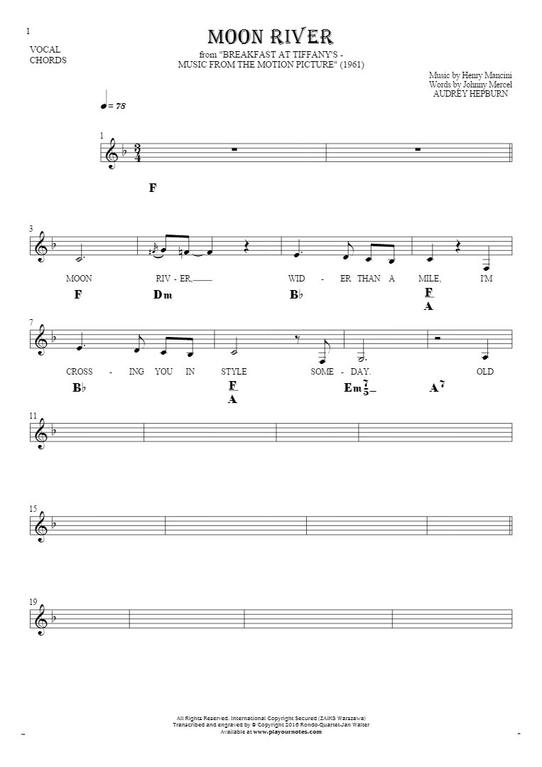 Moon River Chords Moon River Notes Lyrics And Chords For Vocal With Accompaniment