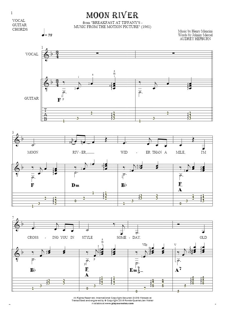 Moon River Chords Moon River Notes Tablature Chords And Lyrics For Vocal With Guitar Accompaniment