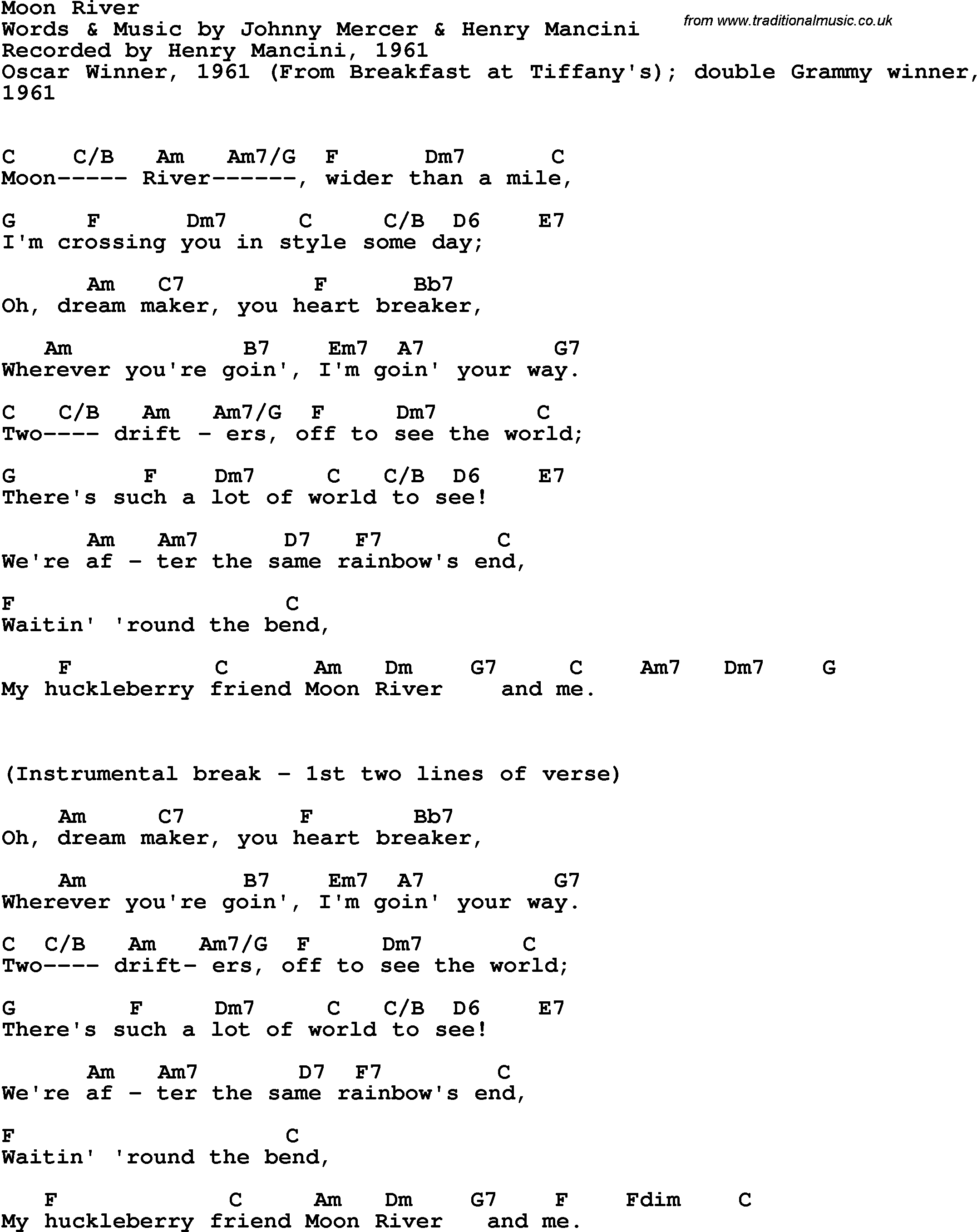 Moon River Chords Song Lyrics With Guitar Chords For Moon River Henry Mancini 1961