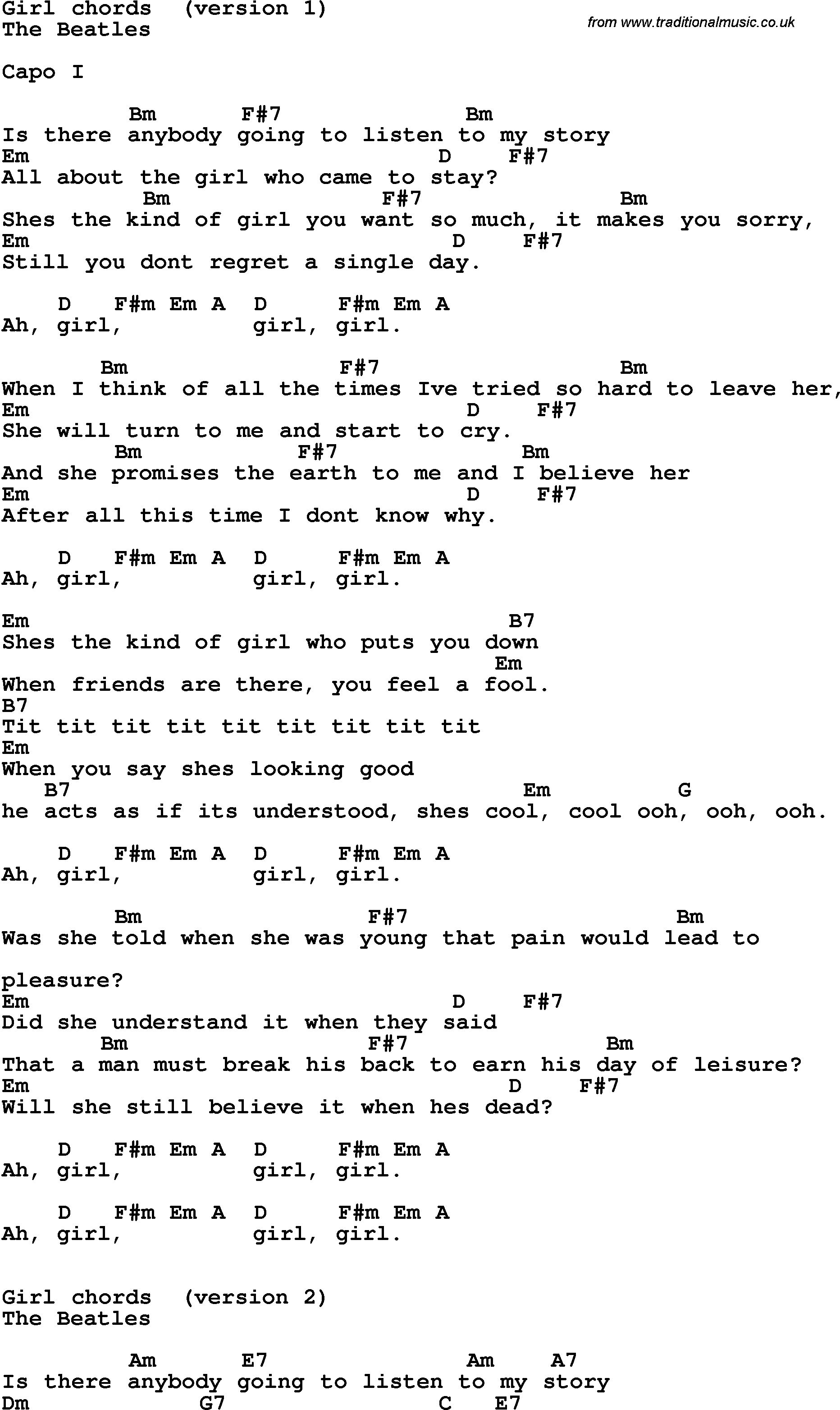 My Girl Chords Song Lyrics With Guitar Chords For Girl The Beatles