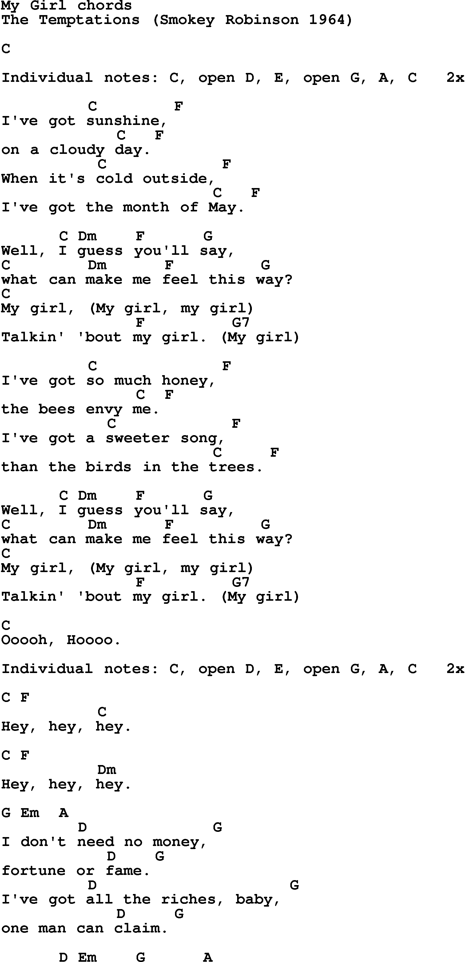 My Girl Chords Song Lyrics With Guitar Chords For My Girl