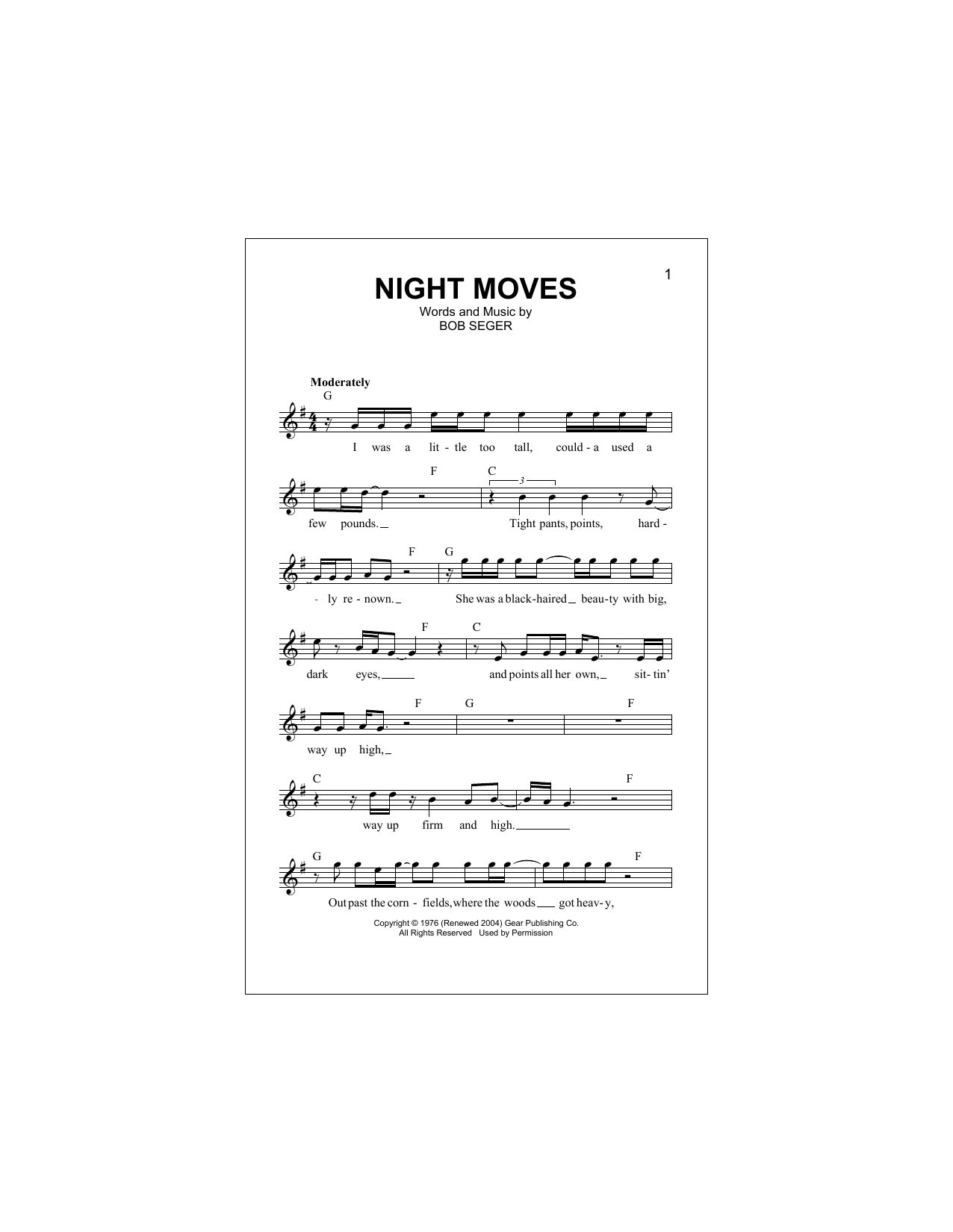 Night Moves Chords Night Moves Bob Seger Piano Vocal Guitar Right Hand Melody Digital Sheet Music