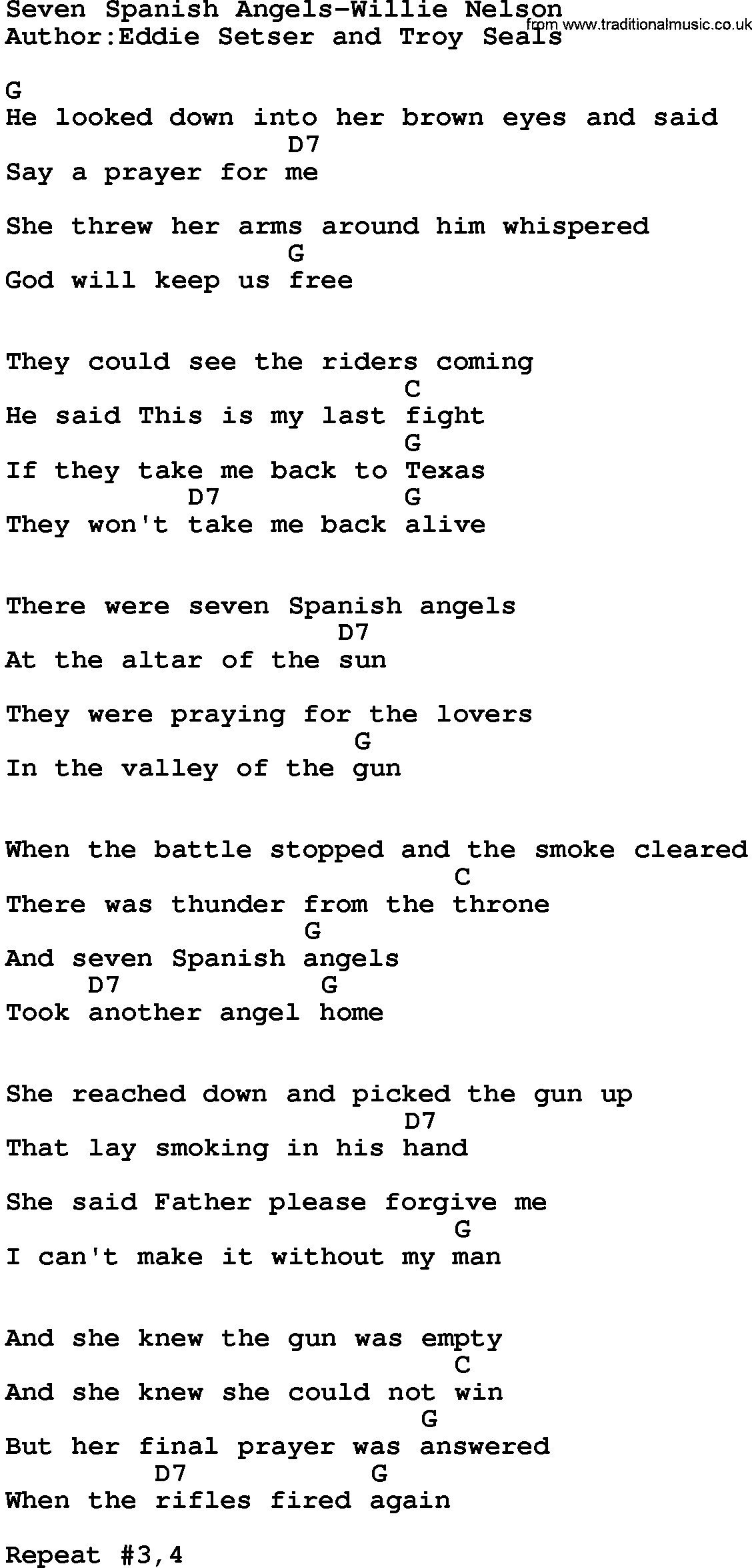 Not About Angels Chords Country Musicseven Spanish Angels Willie Nelson Lyrics And Chords