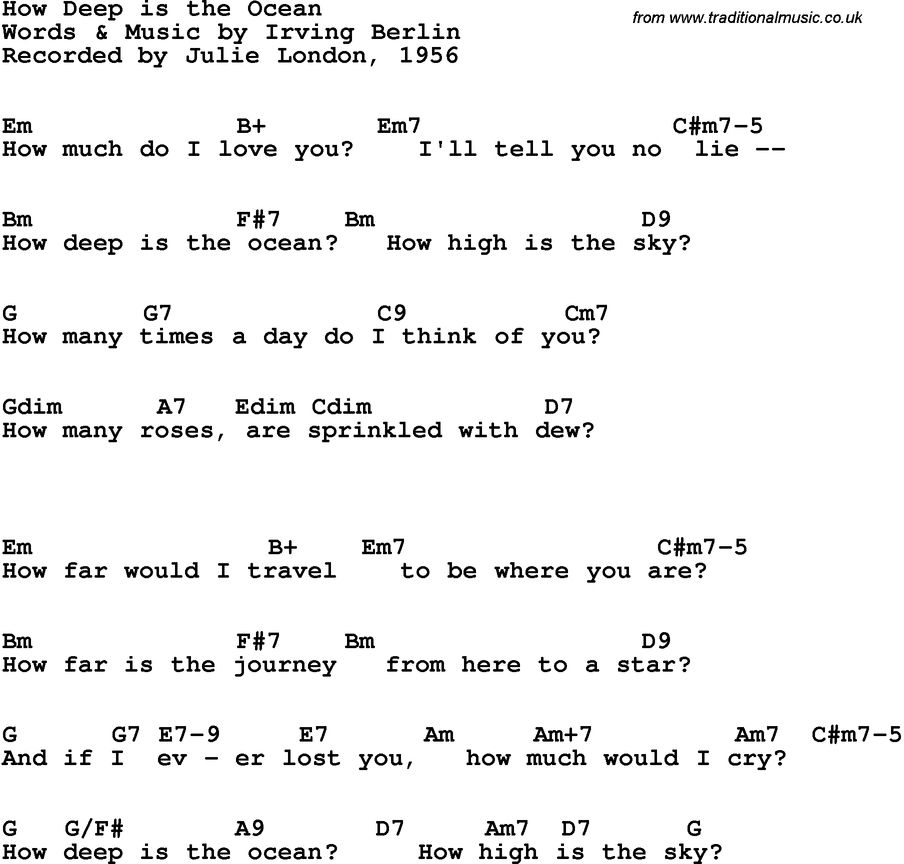 Oceans Guitar Chords Song Lyrics With Guitar Chords For How Deep Is The Ocean Julie