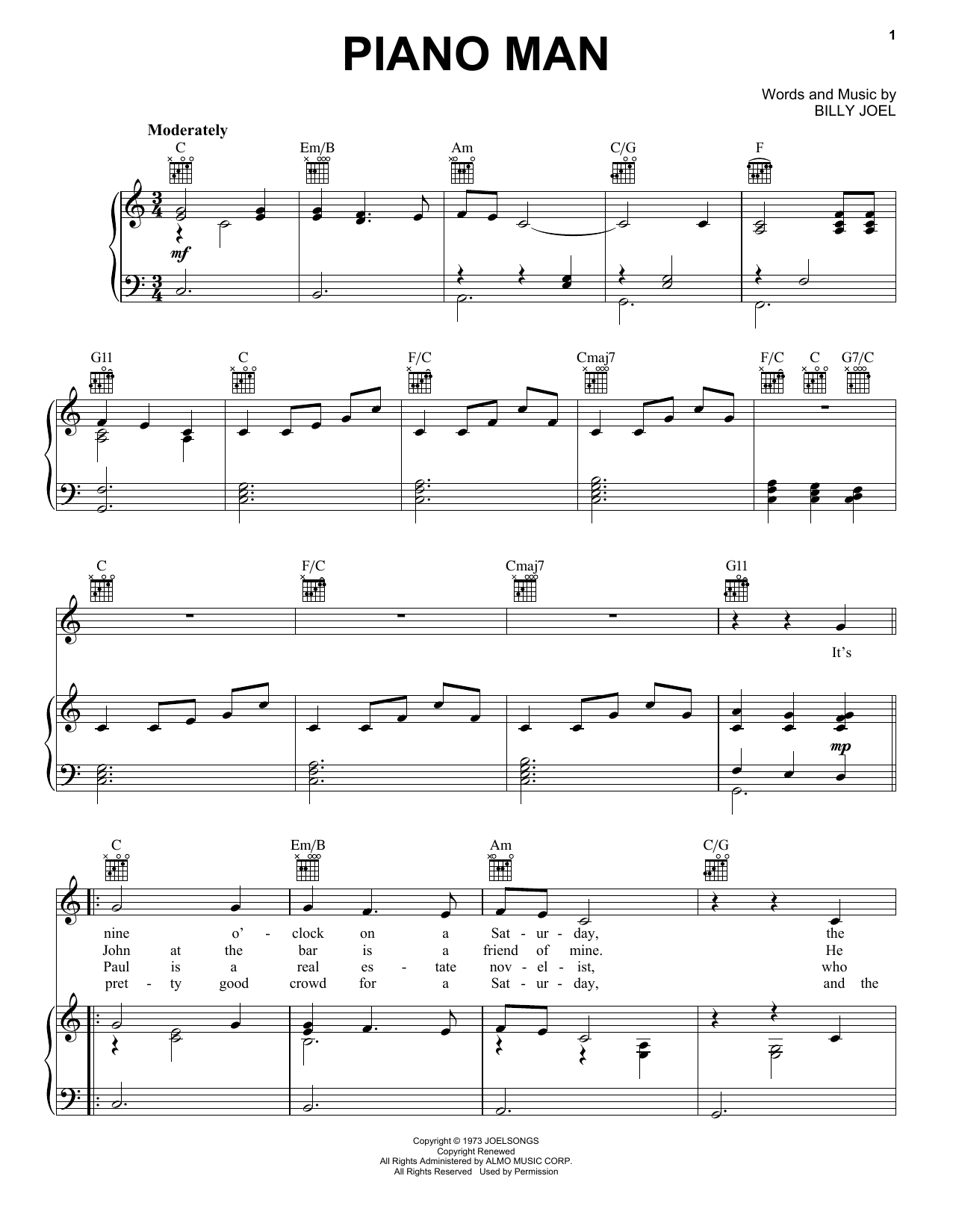 Piano Man Chords Billy Joel Piano Man Sheet Music Notes Chords Download Printable Melody Line Lyrics Chords Sku 195079