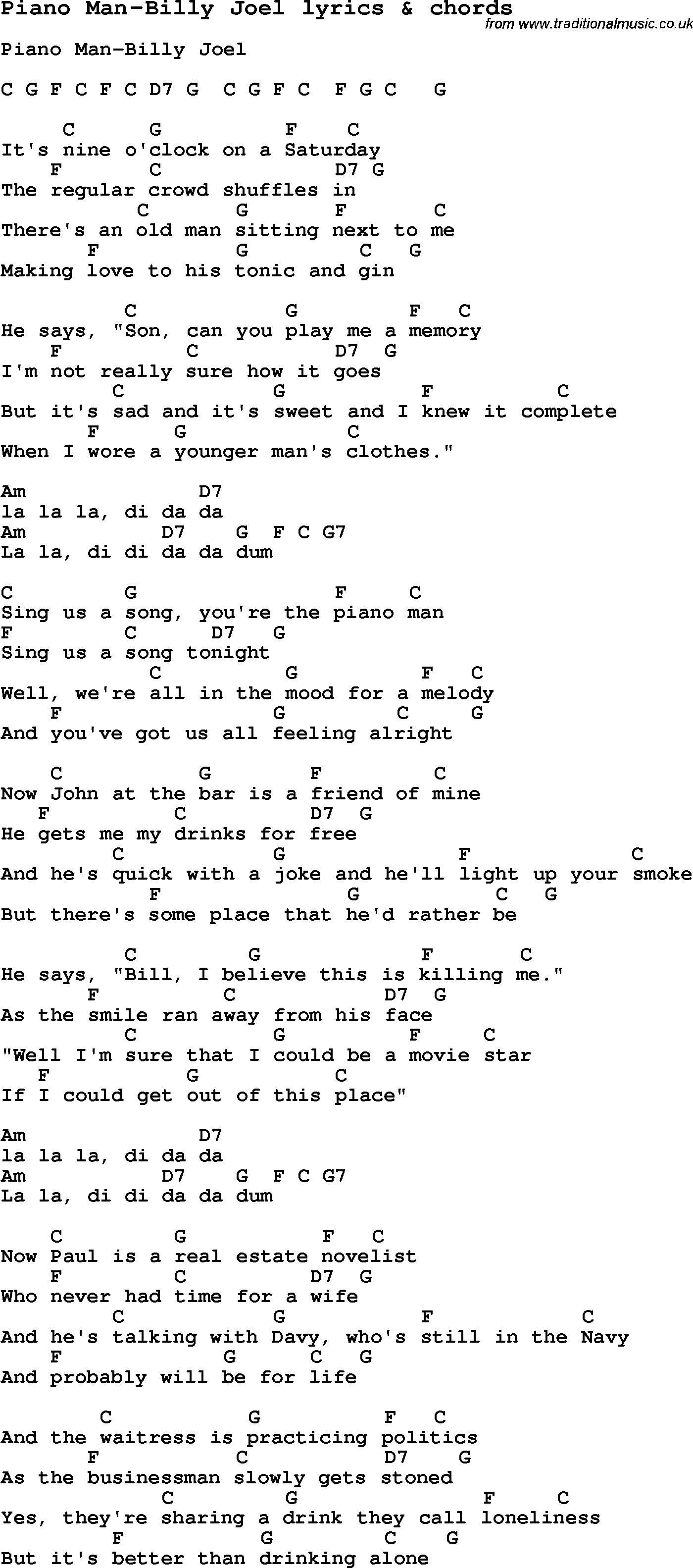 Piano Man Chords Love Song Lyrics Forpiano Man Billy Joel With Chords