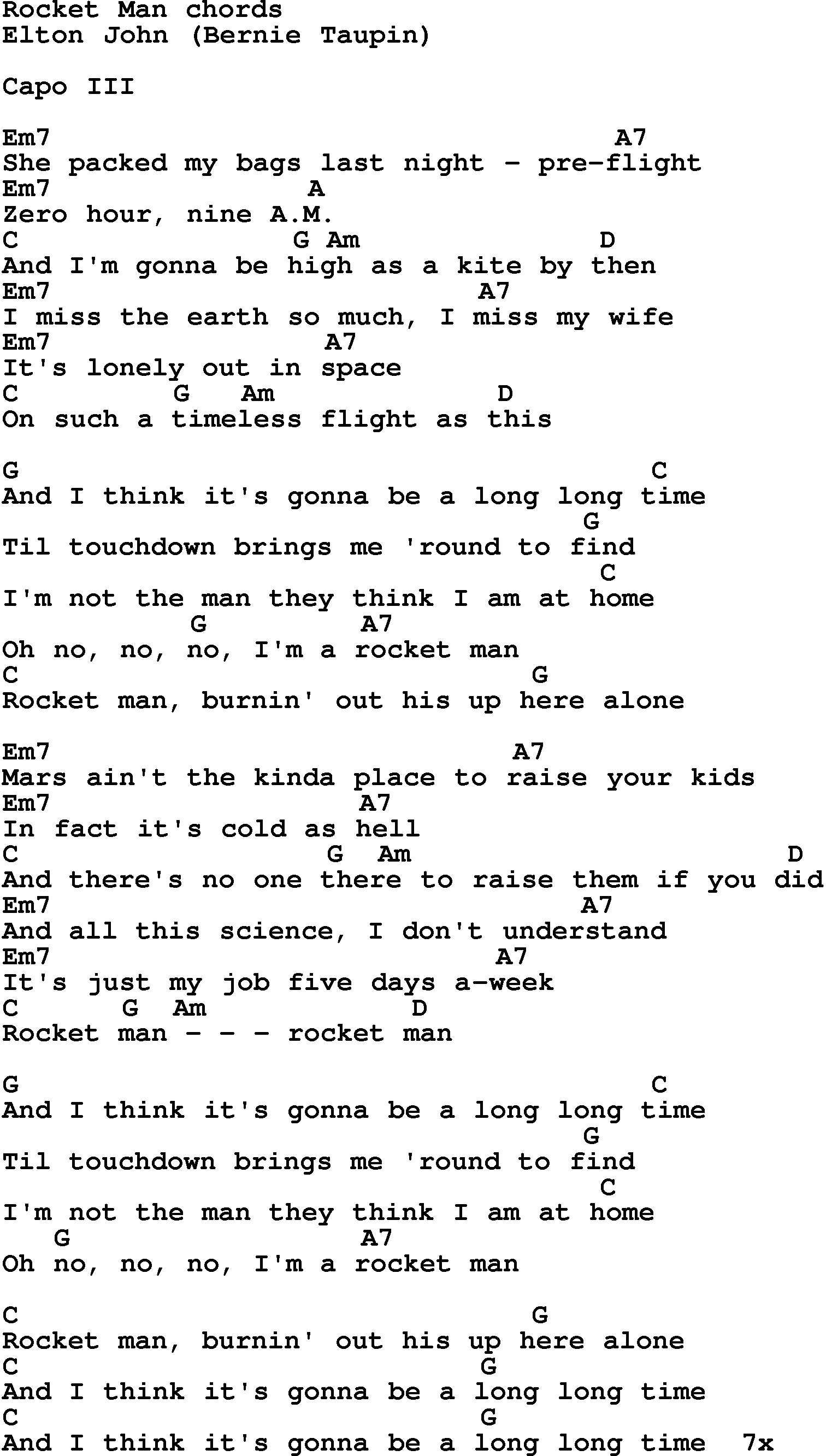 Piano Man Chords Song Lyrics With Guitar Chords For Rocket Man