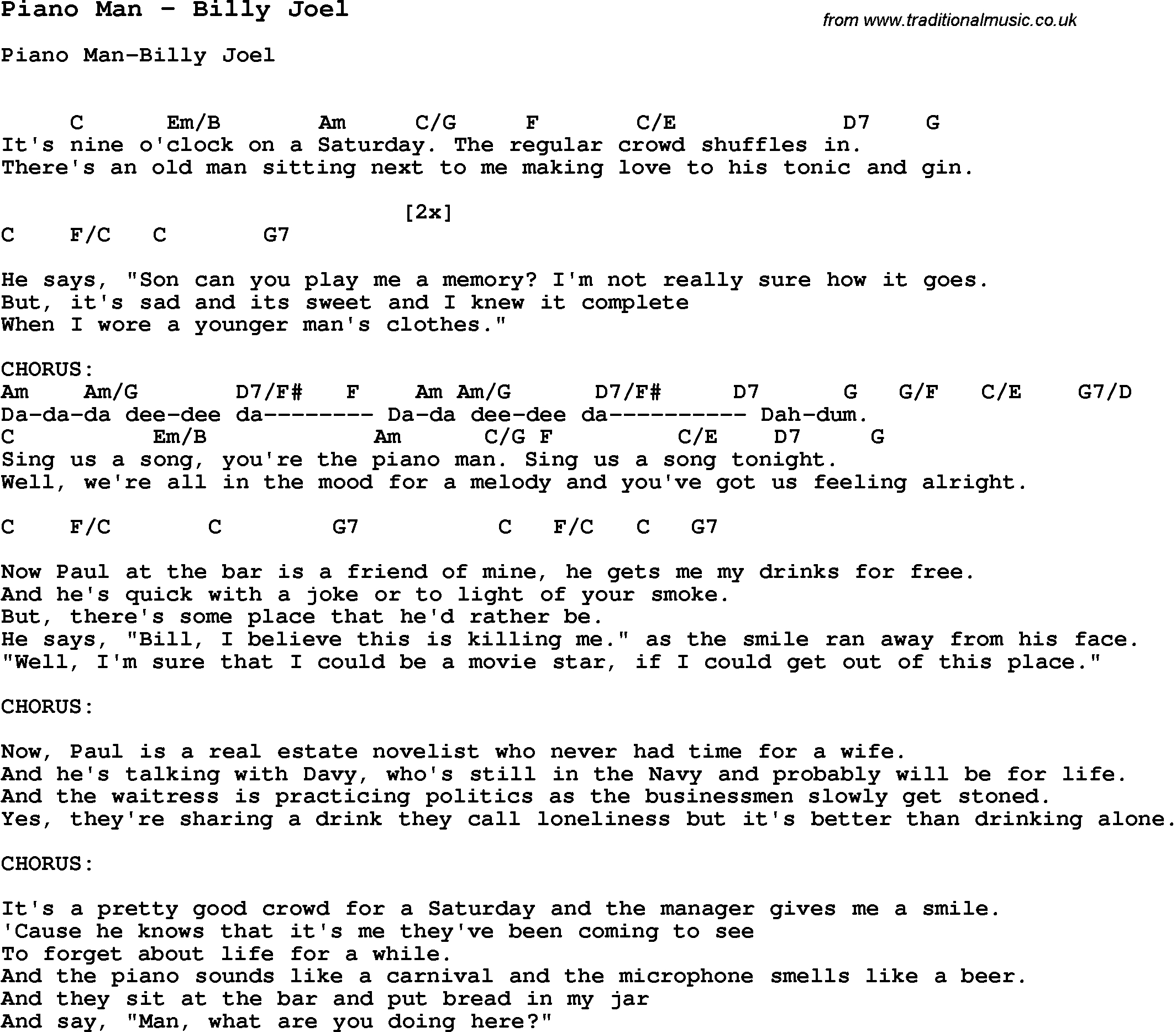 Piano Man Chords Song Piano Man Billy Joel Song Lyric For Vocal Performance Plus