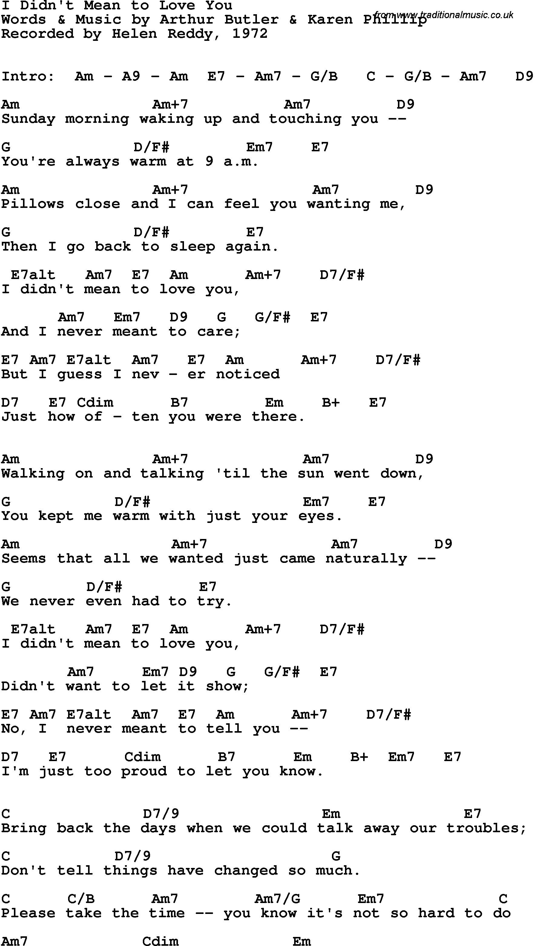 Pillow Talk Chords Song Lyrics With Guitar Chords For I Didnt Mean To Love You Helen