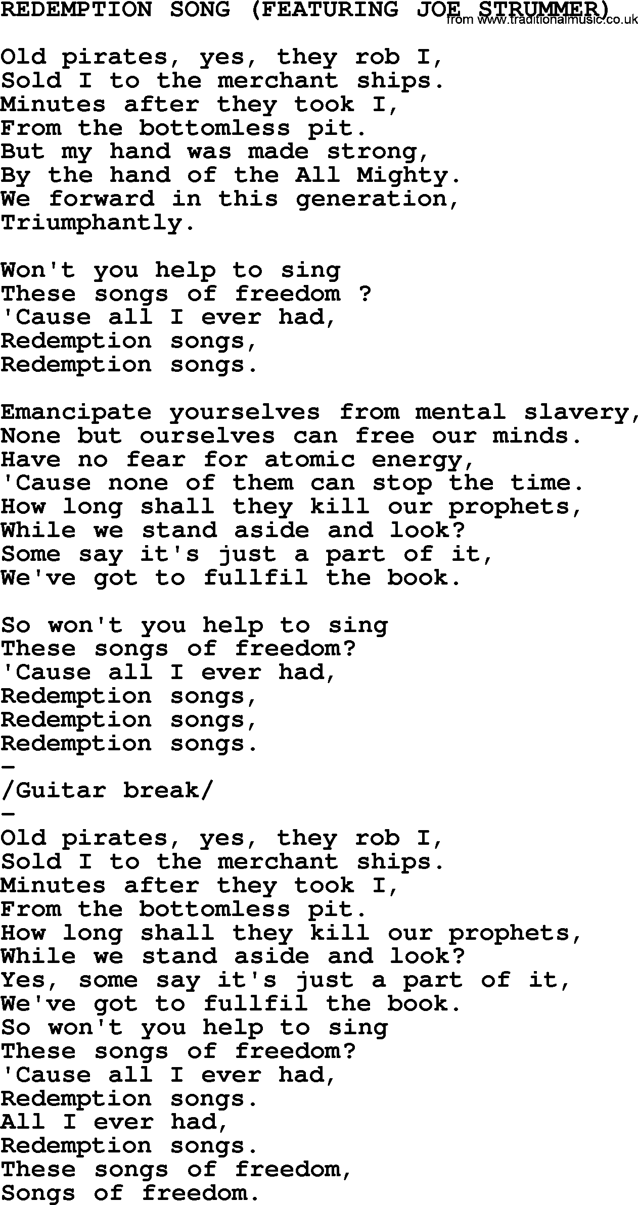 Redemption Song Chords Johnny Cash Song Redemption Song Lyrics