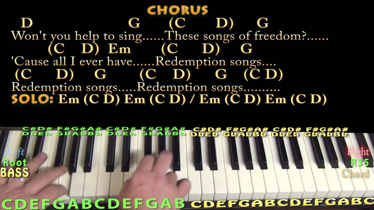 Redemption Song Chords Redemption Song Bob Marley Piano Lesson Chord Chart With Chordslyrics Arpeggios