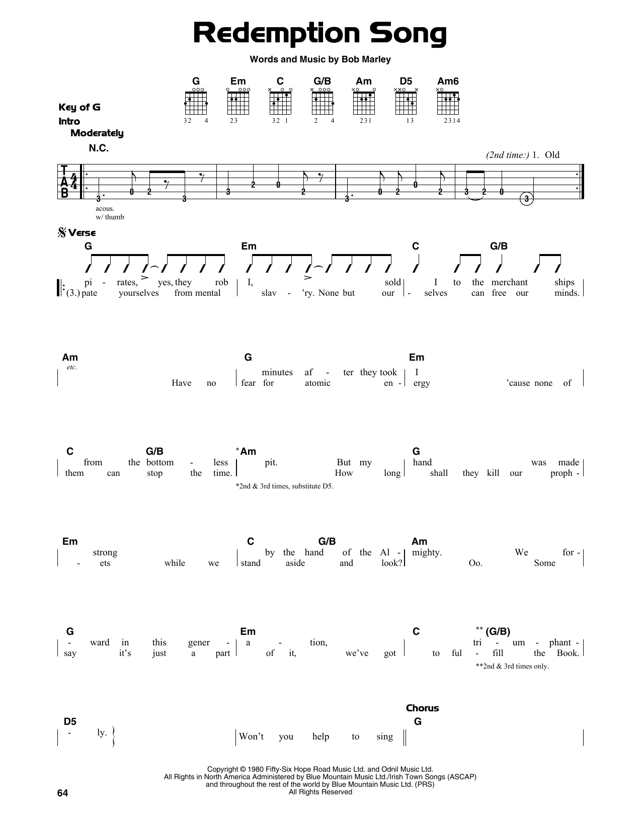 Redemption Song Chords Redemption Song Bob Marley Piano Vocal Guitar Right Hand Melody Digital Sheet Music