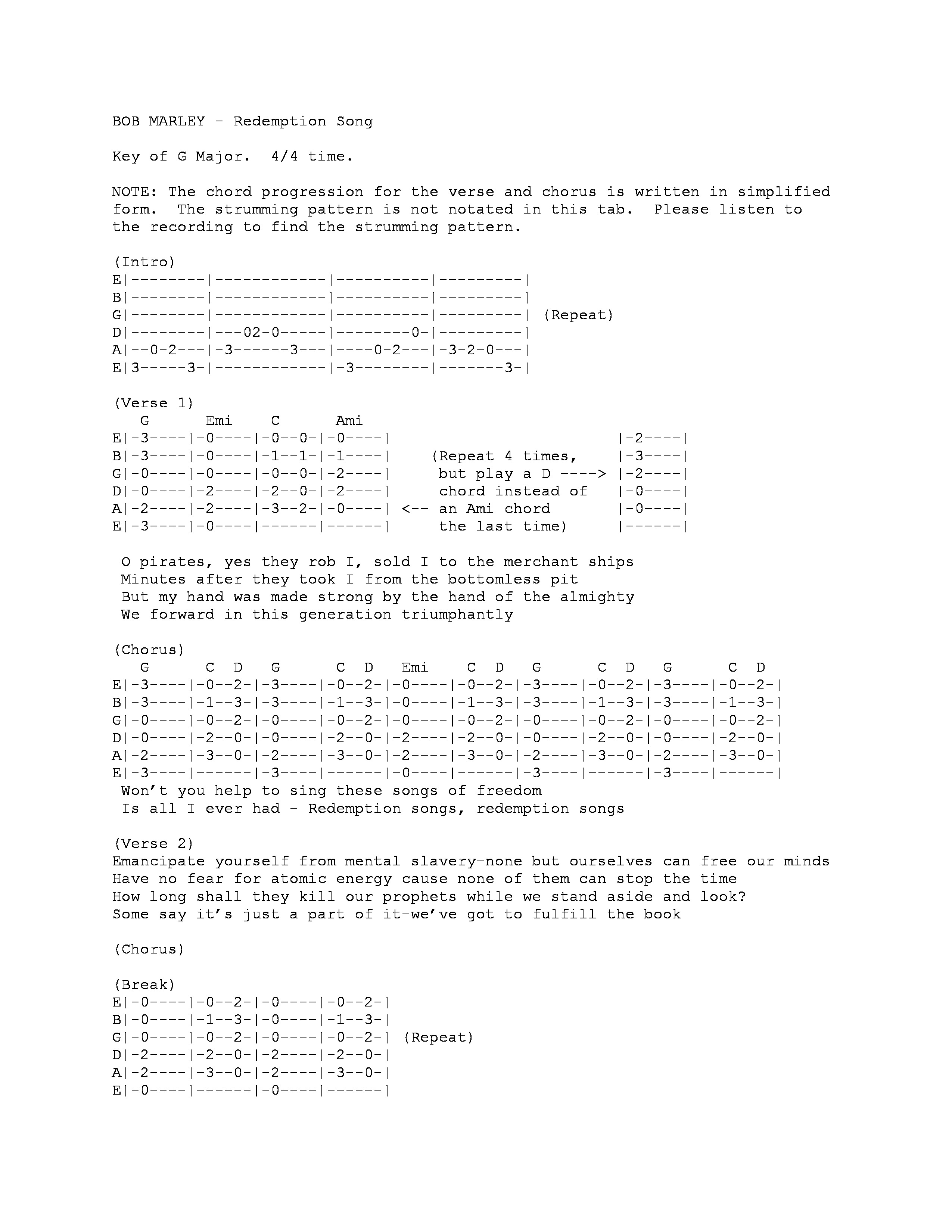 Redemption Song Chords Redemption Song Guitar Tab Stairway To Honolulu